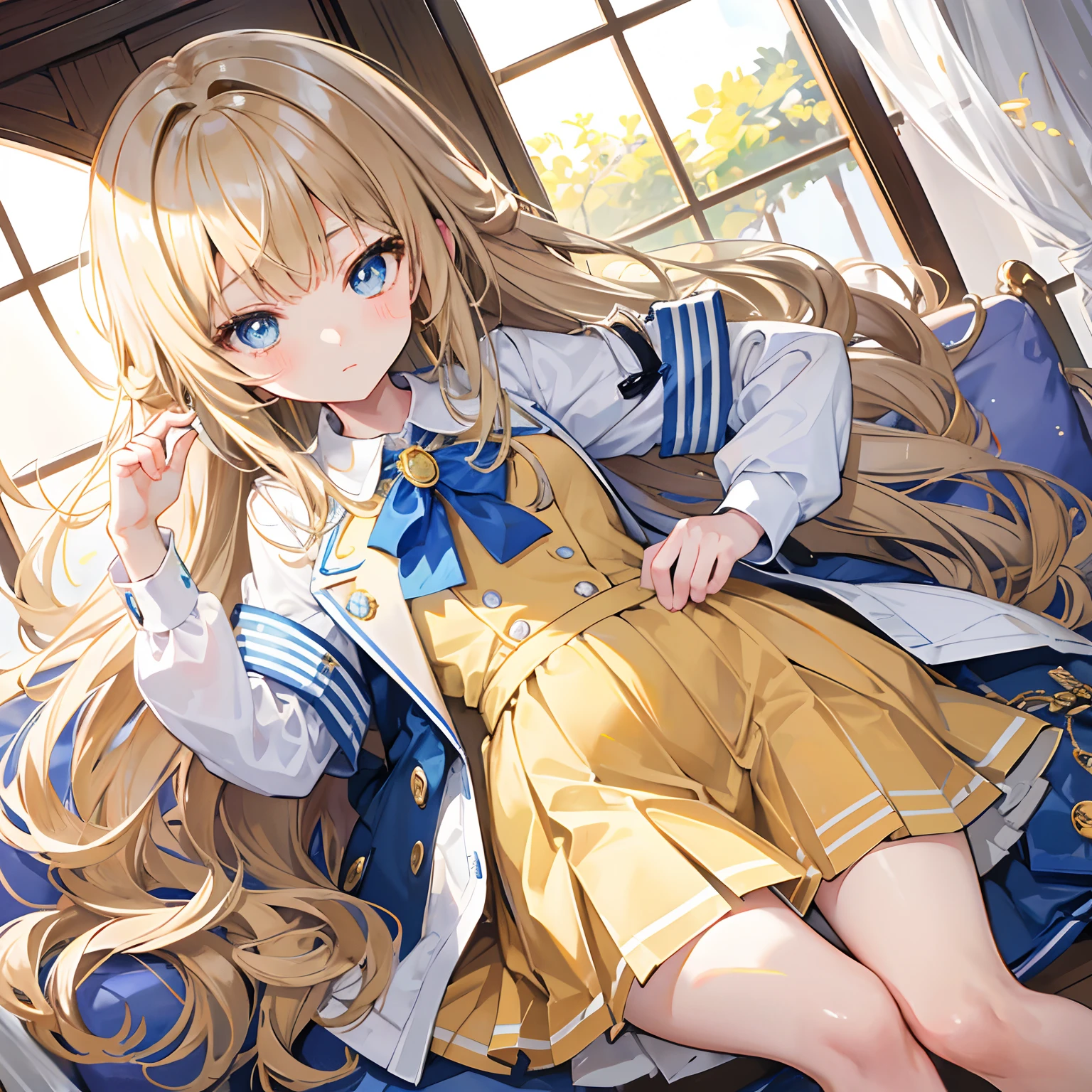 Glowing light brownish yellow with hair and pupils，Blue and white school uniforms，With a silver crystal pendant，Sweet  girl，The whole is shining