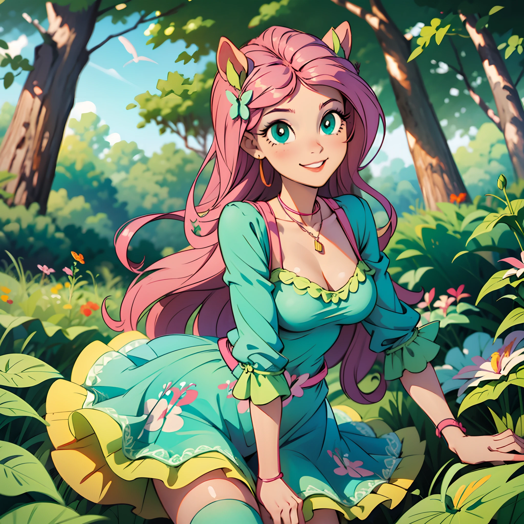fluttershy from equestria girls wearing a sexy dress posing with an adorable and tender smile, green eyes, in a forest, lots of colorful flowers,