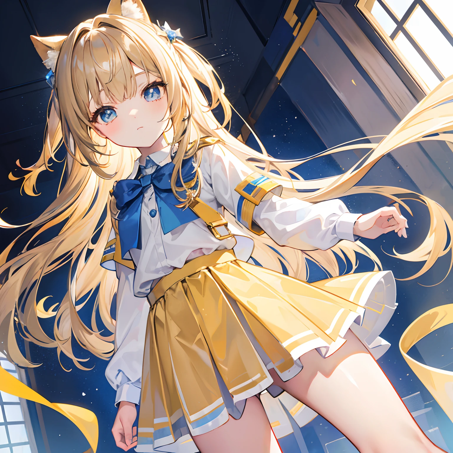 Glowing light brownish yellow with hair and pupils,Blue and white school uniforms,With a silver crystal pendant,Sweet loli girl,The whole is shining