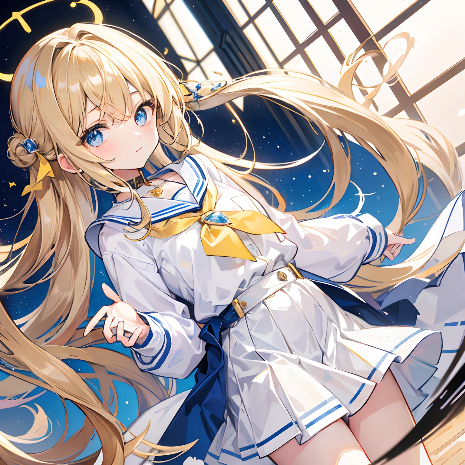 Glowing light brownish yellow with hair and pupils,Blue and white school uniforms,With a silver crystal pendant,Sweet loli girl,The whole is shining