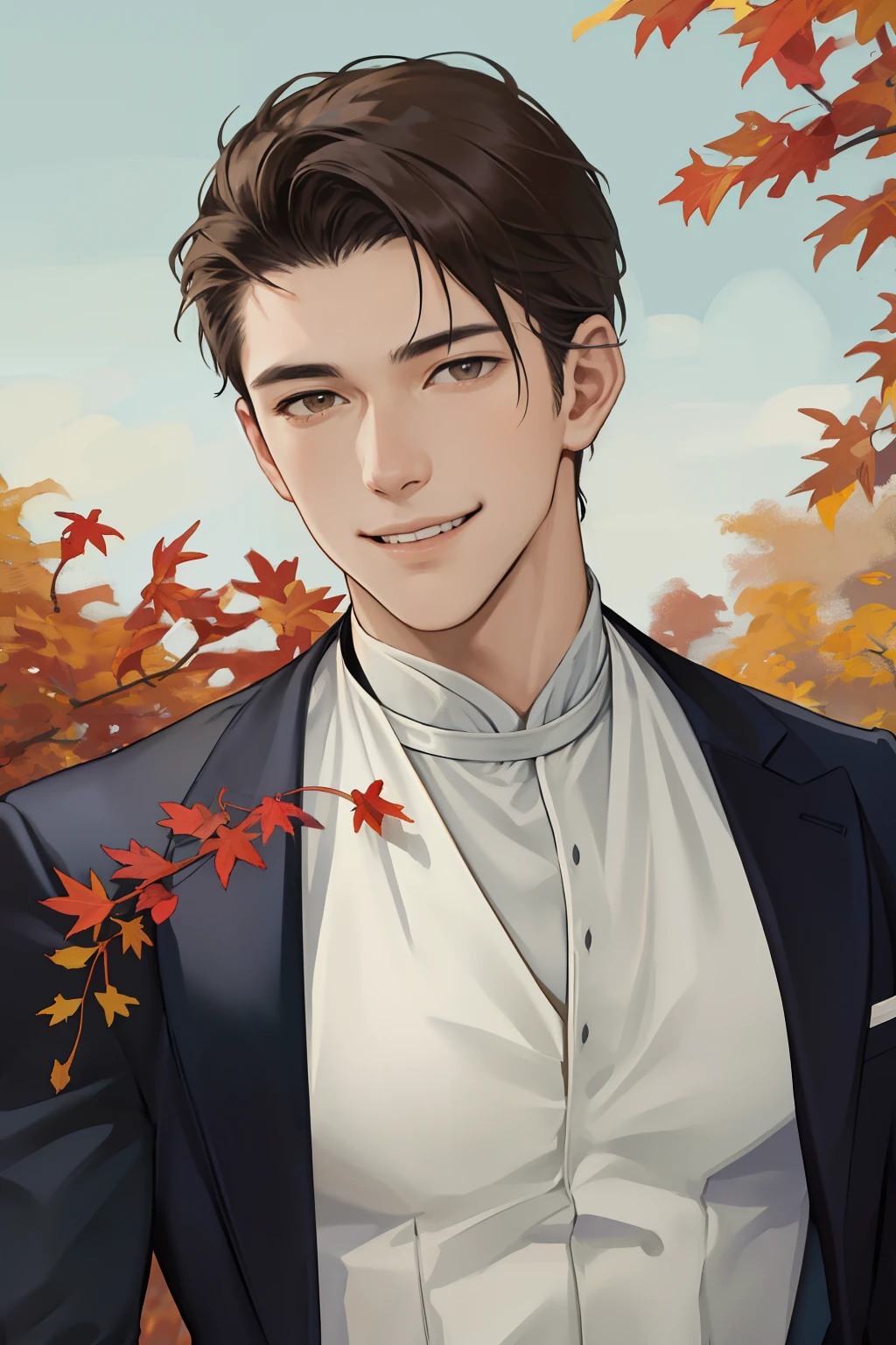 masterpiece, best quality, realistic, 1man, male focus, tall muscular, handsome, smile, closed mouth, suit, portrait, extremely detailed face, autumn,fruits