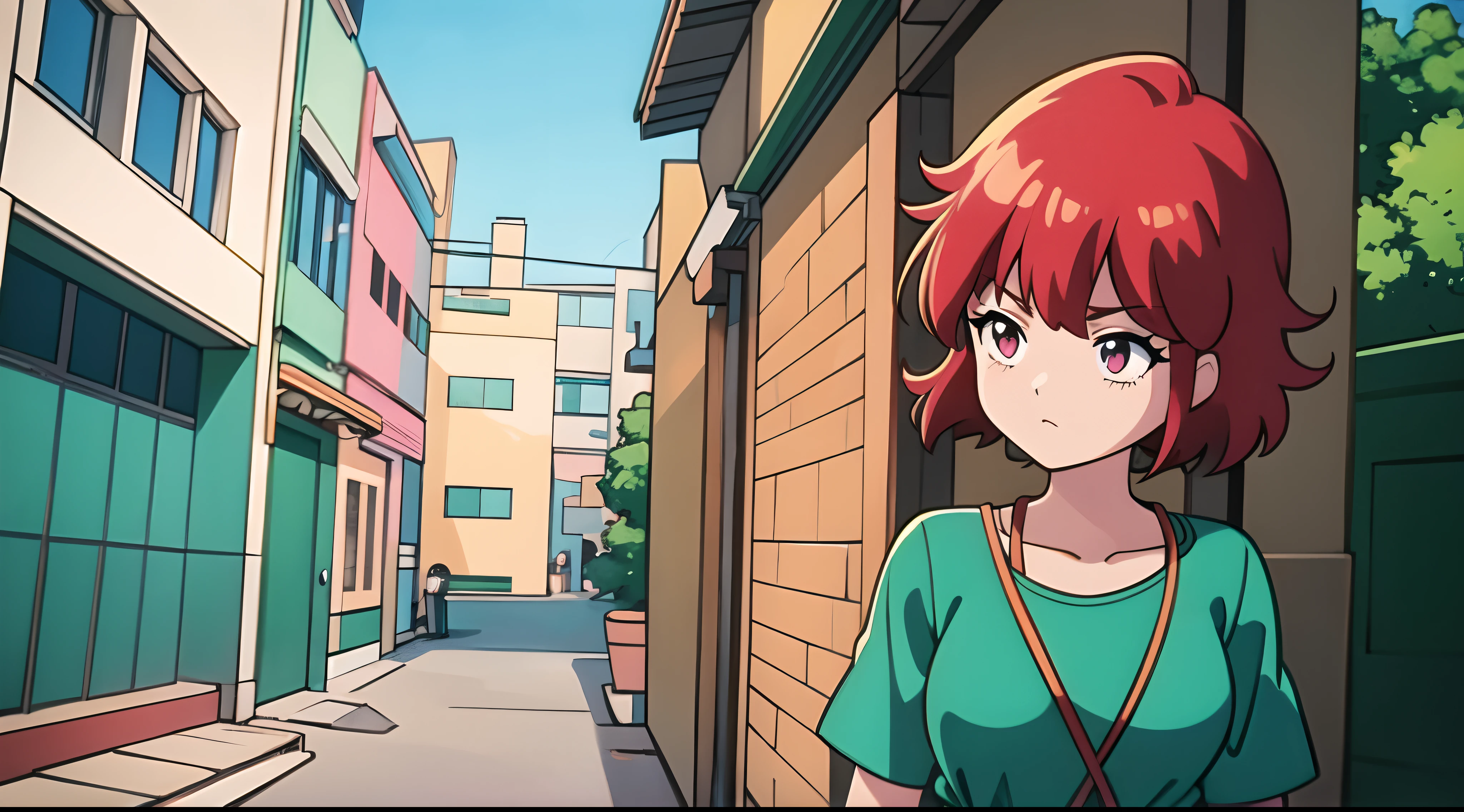 a woman with red hair and a green shirt in front of a building, lofi, 8 0 s vibe anime, anime vibes, Digital anime illustration, retro anime girl, menina sedutora, Elogio Artstyle, no estilo de arte do anime 8 0 s, estilo anime. 8k, arte digital do anime cyberpunk, estilo anime 4K.