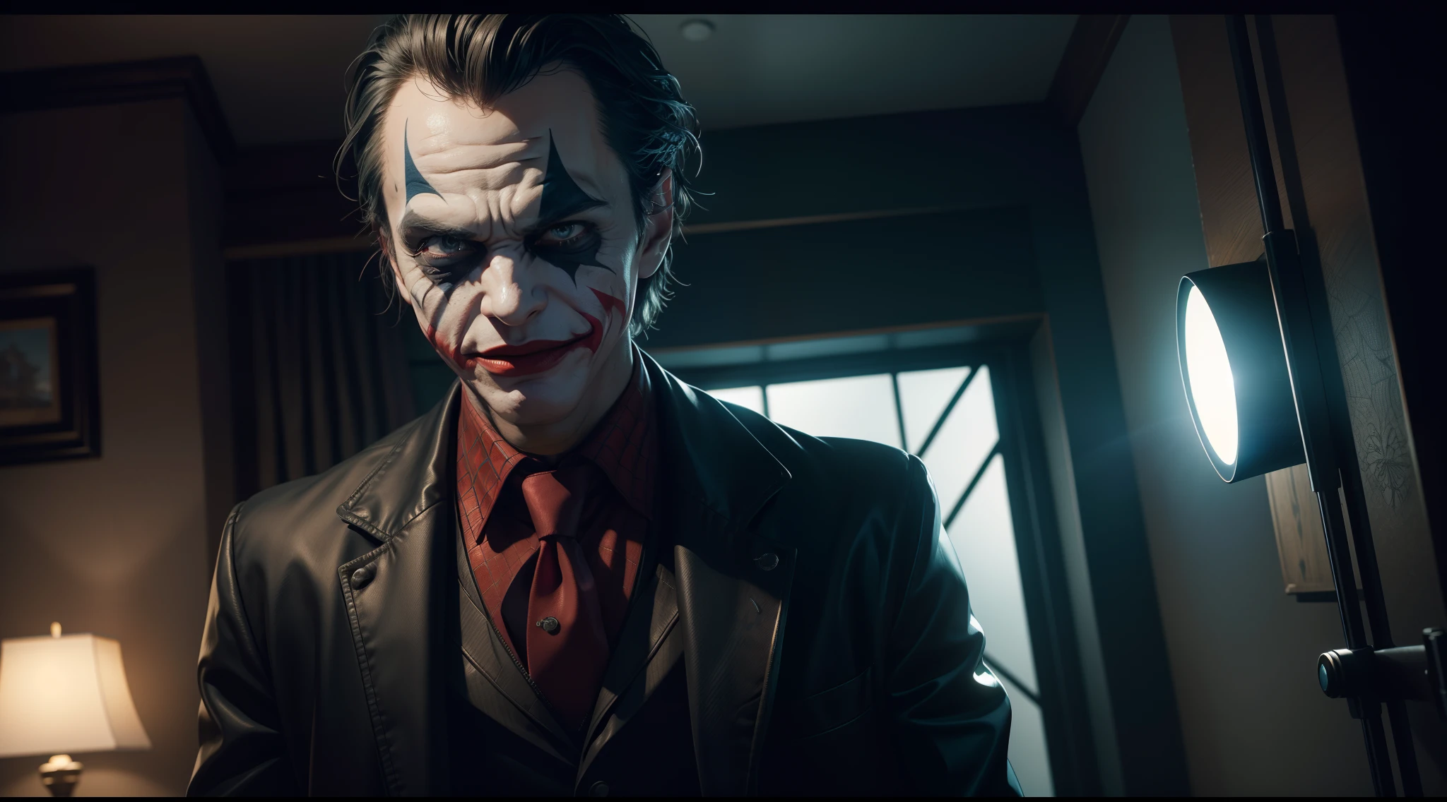 Spider-Man Joker, CGI with clear focus, Photorealistic, high detail, Realistic, Masterpiece, absurdress, Best Quality, HDR, hiquality, hight resolution, Extremely detailed, 8k wallpaper, intricate details, 8K UHD, Full-HD, (foto realista:1.2), Contrast, sharp lighting, Cinematic lighting, natural lighting, hard light, Backlighting, Global Illumination, Environment Occlusion