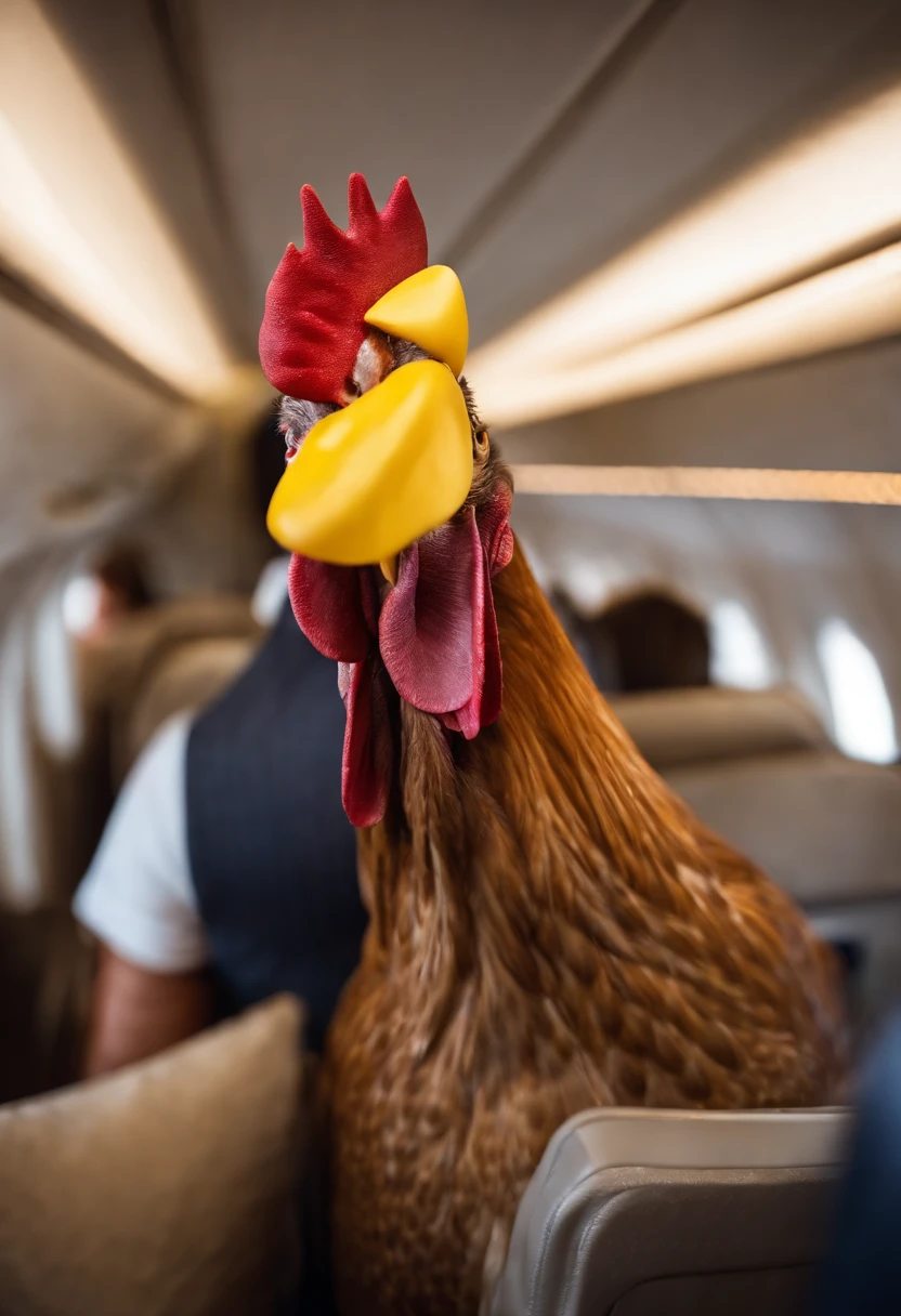 Chicken in the plane Cabin First class seat Wearing glasses Necklace Enjoyed