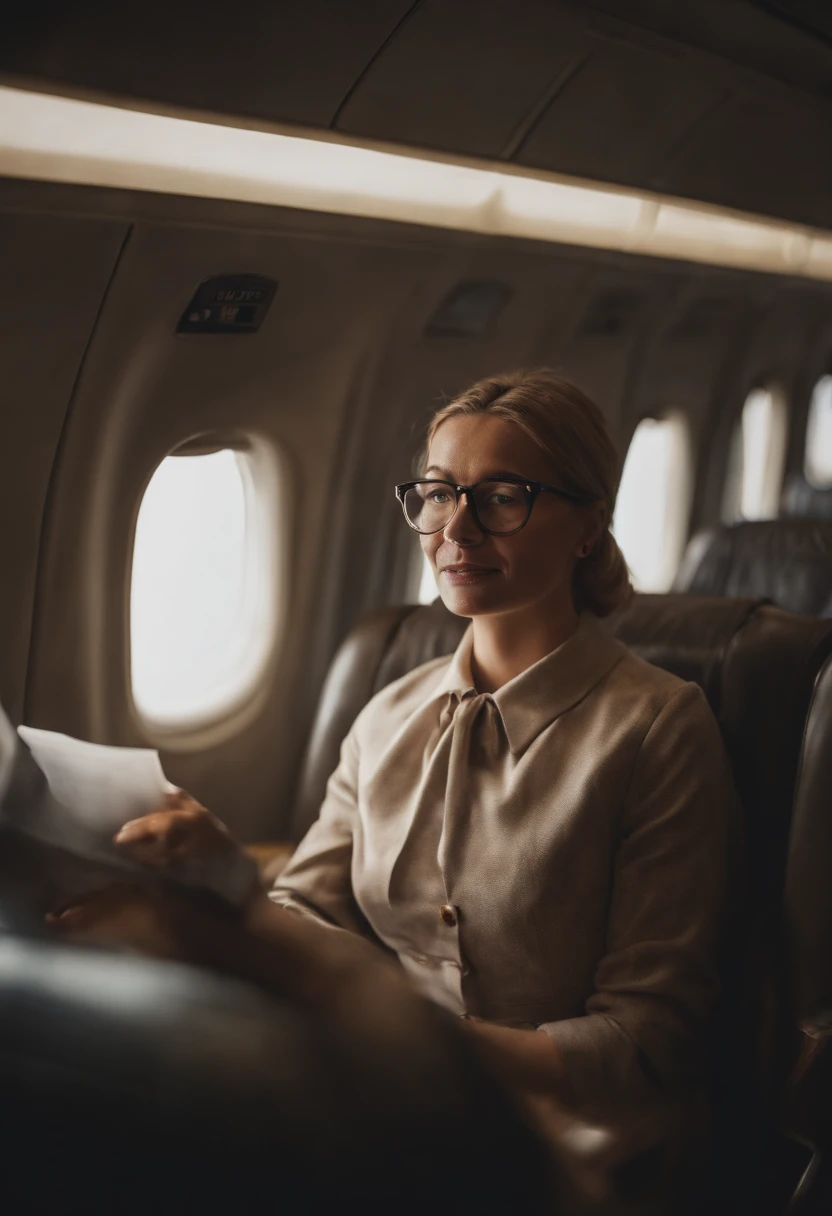 Chicken in the plane Cabin First class seat Wearing glasses Necklace Enjoyed