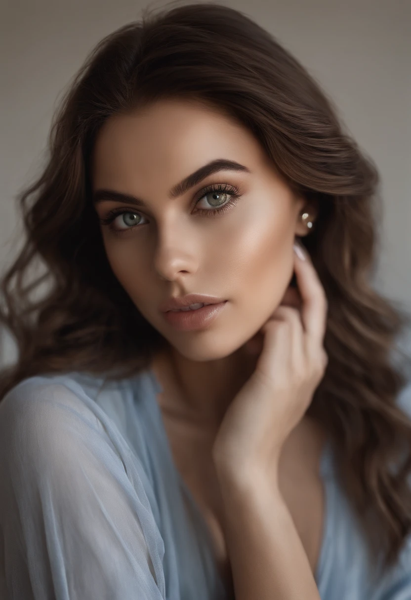 Arafed woman completely , fille sexy aux yeux bleus, ultra realist, Meticulously detailed, Portrait Sophie Mudd, cheveux bruns et grands yeux, selfie of a young woman, Dubai Eyes, Violet Myers, sans maquillage, maquillage naturel, looking straight at camera, Visage avec Artgram, Maquillage subtil, Great photo of the whole body kneeling on the bed, dans la chambre, Medium to large bust