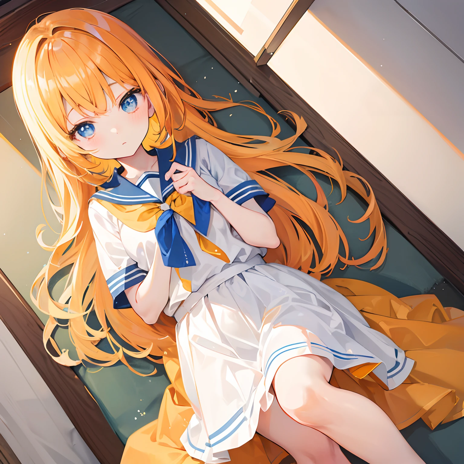 Glowing light yellow-orange hair and pupils,Blue and white school uniforms,Sweet loli girl,The whole is shining