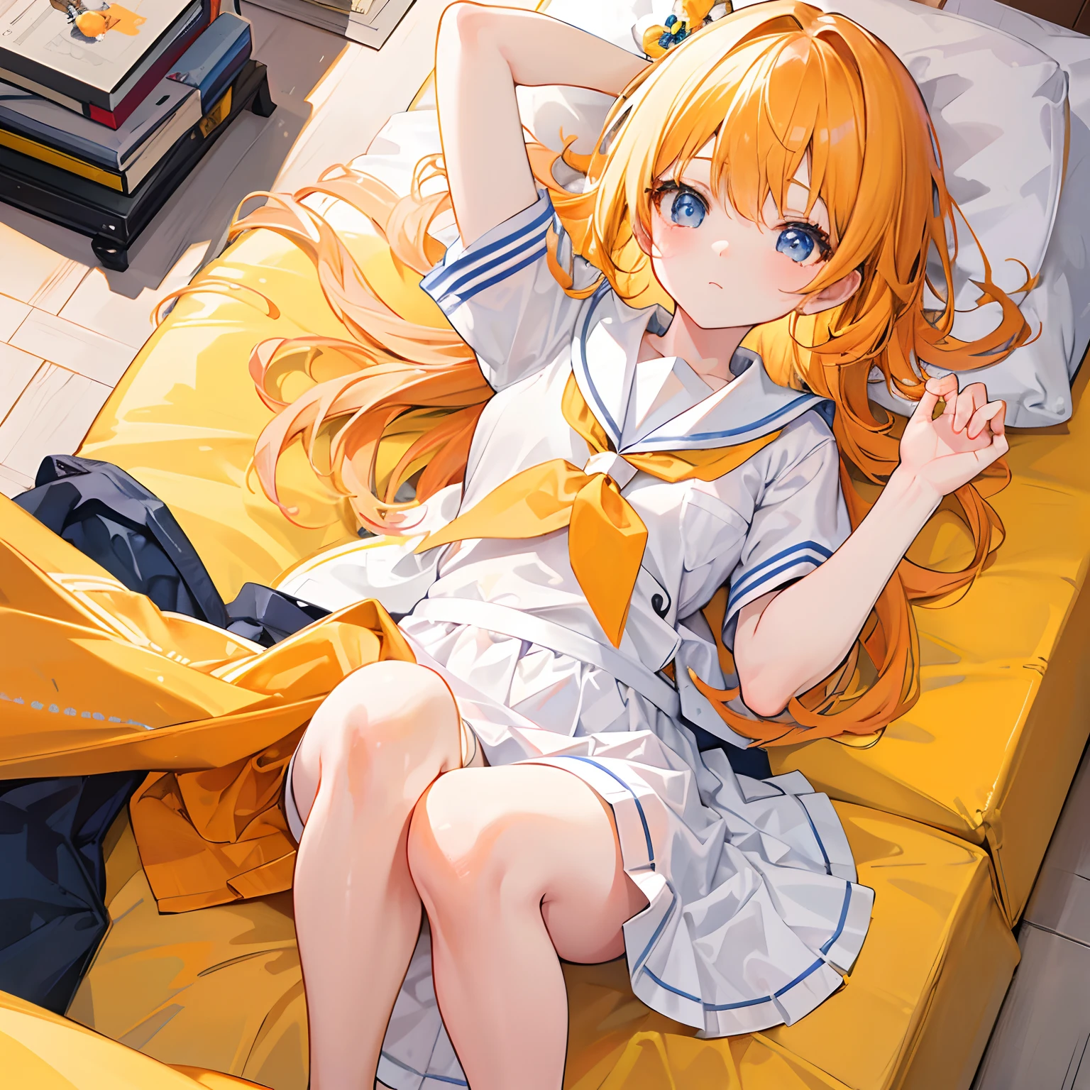 Glowing light yellow-orange hair and pupils,Blue and white school uniforms,Sweet girl,The whole is shining