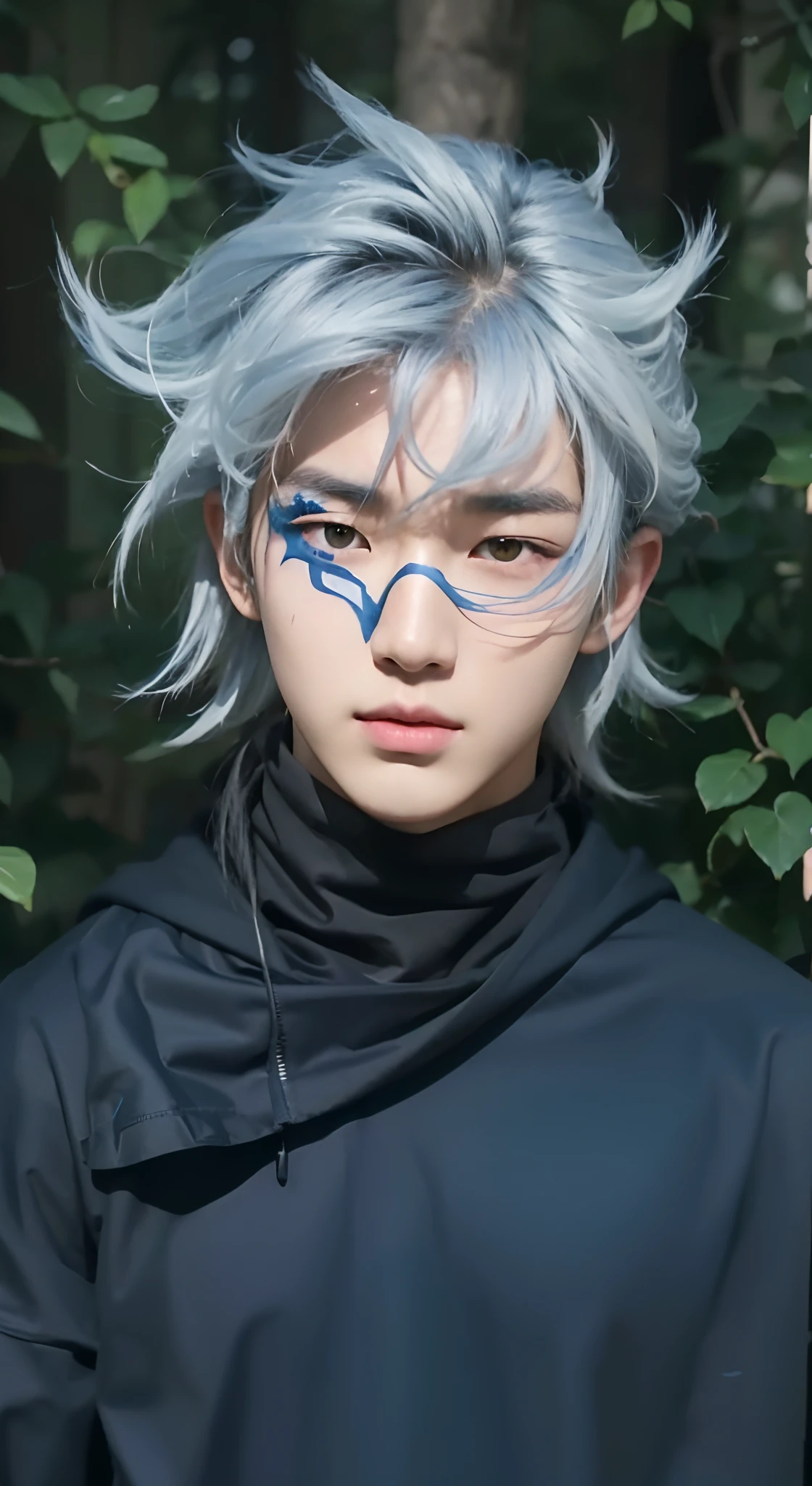 Real life adaption of this character, korean teen handsome face,detailed face, yellow eyes, looking to viewer,realistic blue long Messy hair, realistic outfit, realistic background, hyper realistic, realistic light, realistic shadow, realism,(photorealistic:1.2),cool expression,(remove tatto on the face)