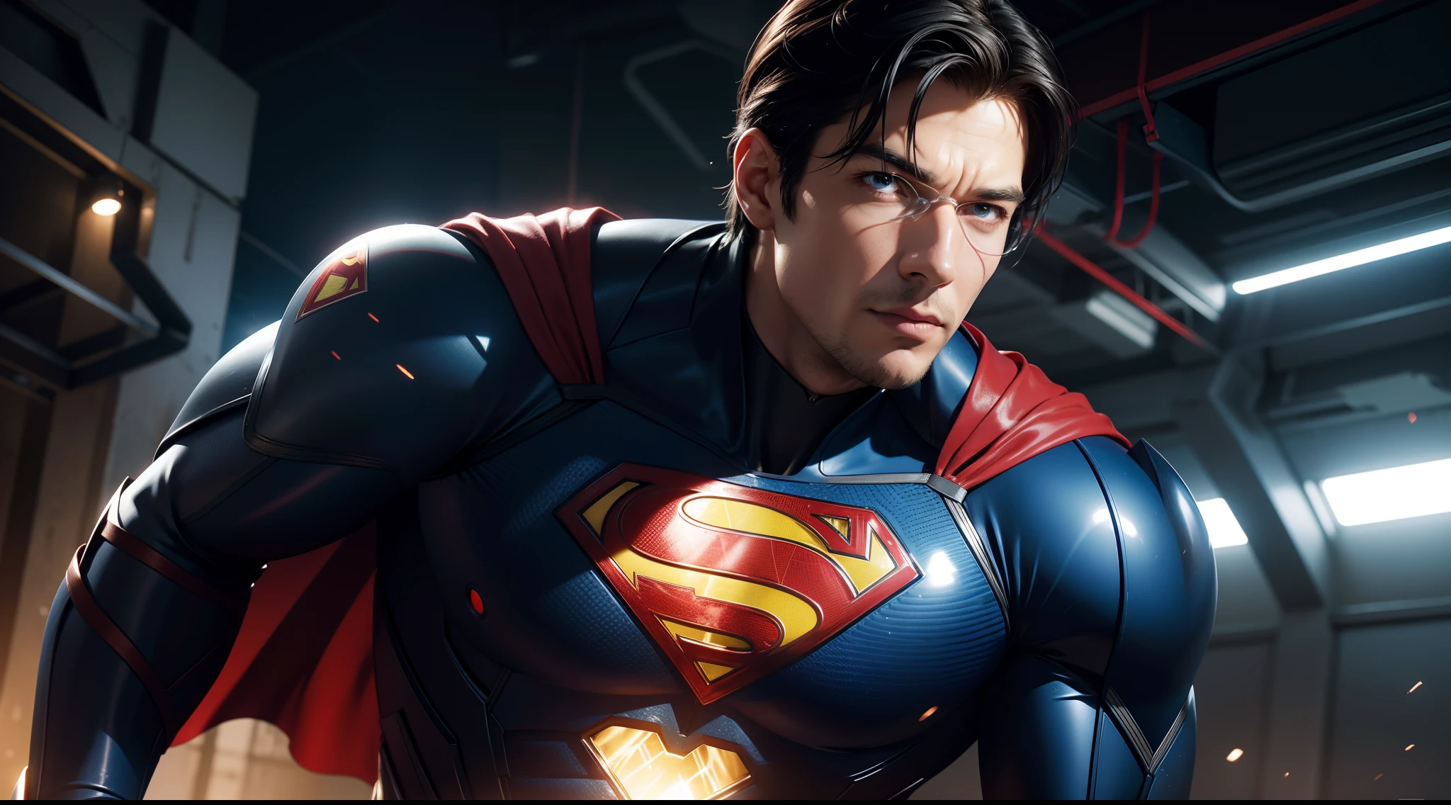 Superman wearing a cyber suit that enhances his powers and protects him from kryptonite. The suit is blue and red, with a silver S logo on the chest. The suit has a collar that emits a force field around Superman’s neck, preventing him from being choked. The suit also has a jetpack that allows him to fly faster and a laser cannon that can fire beams from his arm, CGI with clear focus, Photorealistic, high detail, Realistic, Masterpiece, absurdress, Best Quality, HDR, hiquality, hight resolution, Extremely detailed, 8k wallpaper, intricate details, 8K UHD, Full-HD, (foto realista:1.2), Contrast, sharp lighting, Cinematic lighting, natural lighting, hard light, Backlighting, Global Illumination, Environment Occlusion