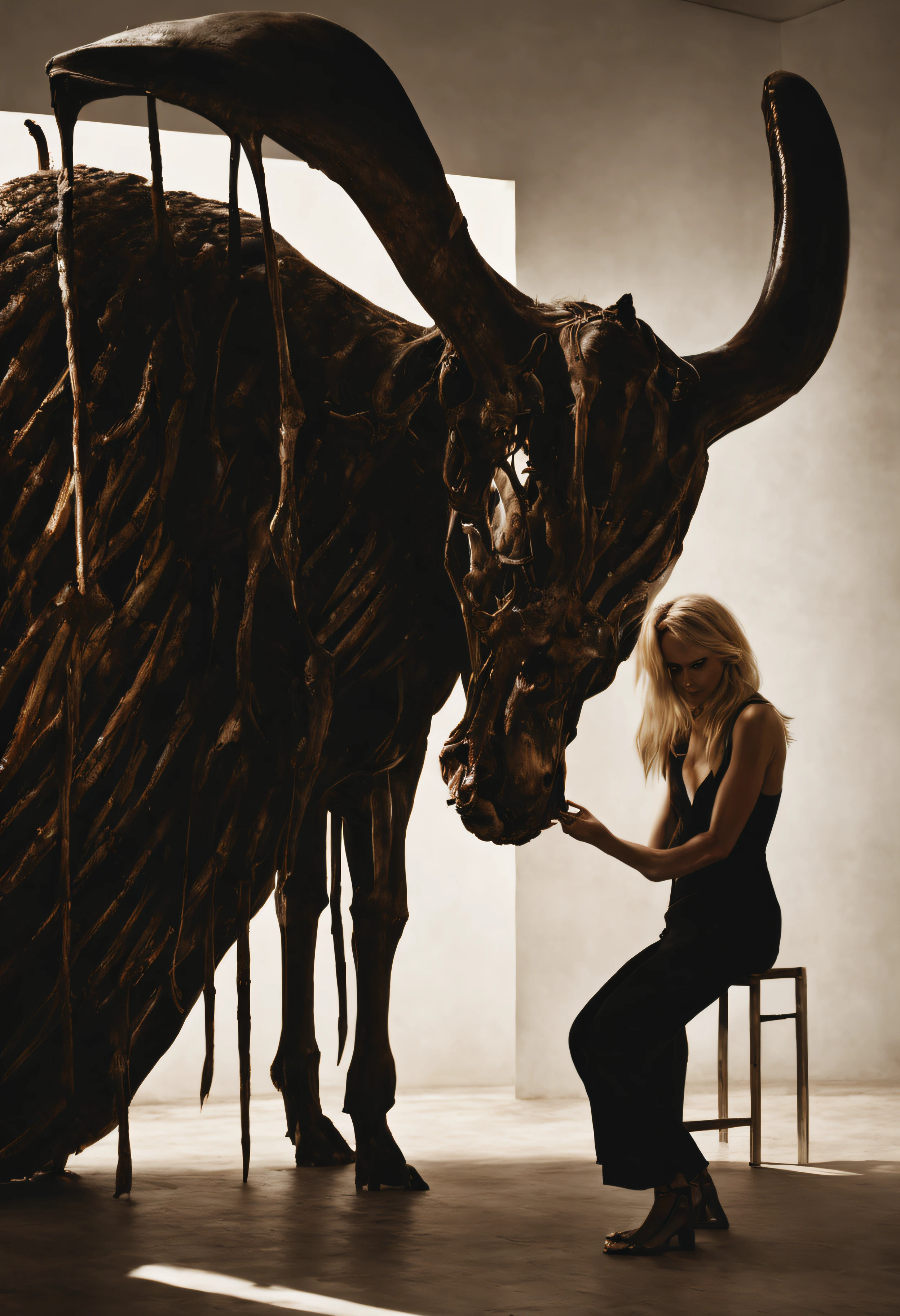 "(The best lighting, alto contraste, oscuro, dramatic),(Chica rubia junto a una cabra negra gigante, Open the rib cage, feto, autopsia, huesos humanos, sangre por las paredes). Luz Caravaggio"