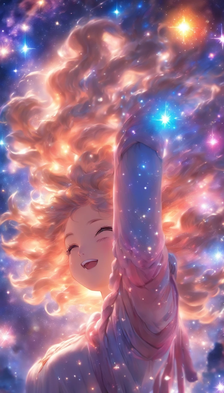 high detailing, Super Detail, 超A high resolution, The girl enjoys her time in the fantasy galaxy, surrounded by stars, Warm light illuminates her, Starry sky with colorful galaxies and galactic clouds on the background, Stars flew around her, Delicate face, Add a playful atmosphere ,
