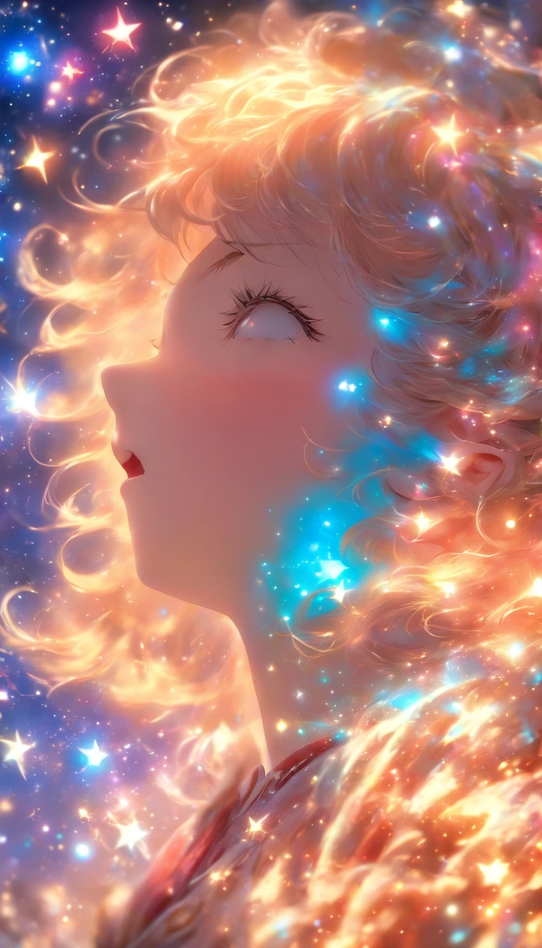 high detailing, Super Detail, 超A high resolution, The girl enjoys her time in the fantasy galaxy, surrounded by stars, Warm light illuminates her, Starry sky with colorful galaxies and galactic clouds on the background, Stars flew around her, Delicate face, Add a playful atmosphere ,