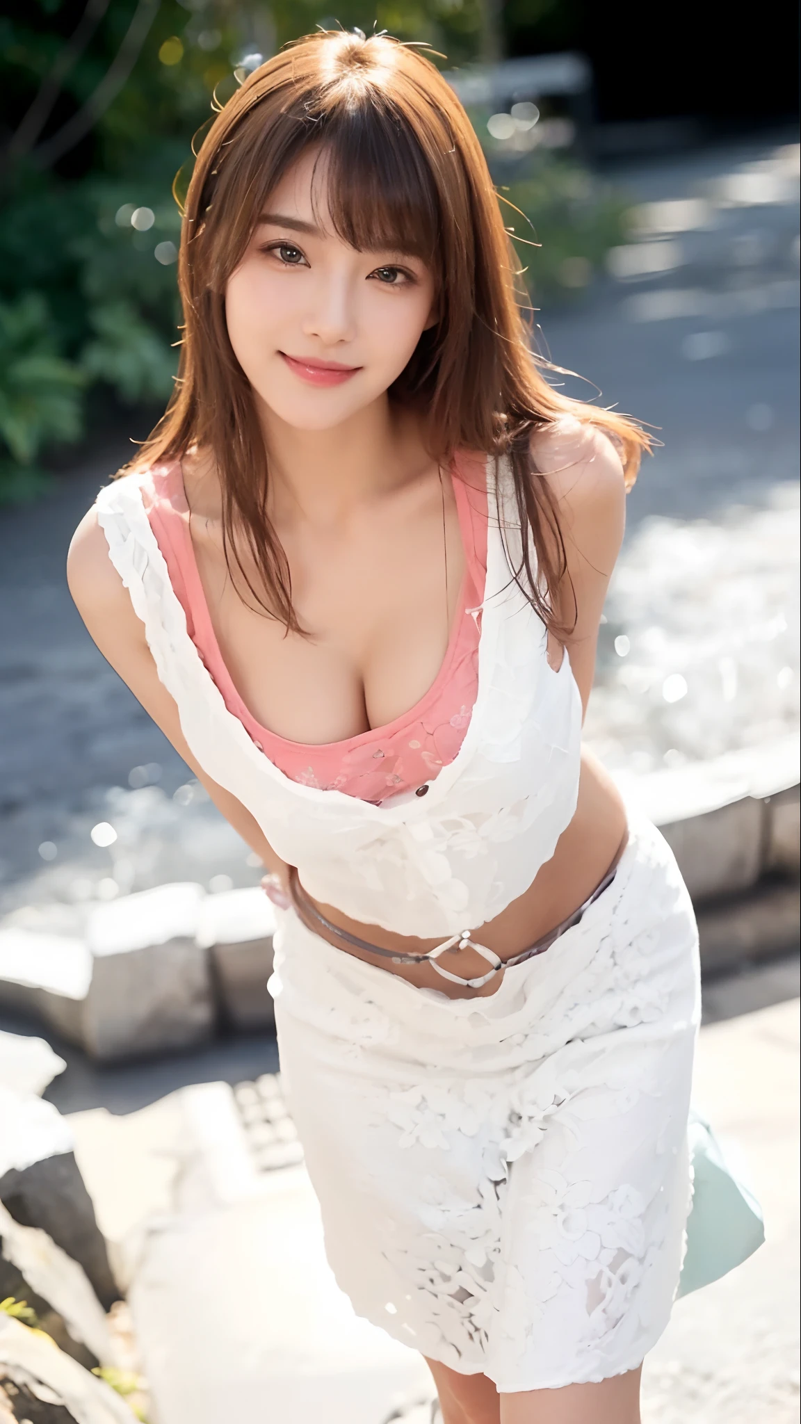 (top-quality、8k、​masterpiece:1.3)、Beautiful Women in Perfect Figure:1.4、dark brown hair、extremely detailed face and skin、A detailed eye、二重まぶた、huge tit、a smile、g-cup