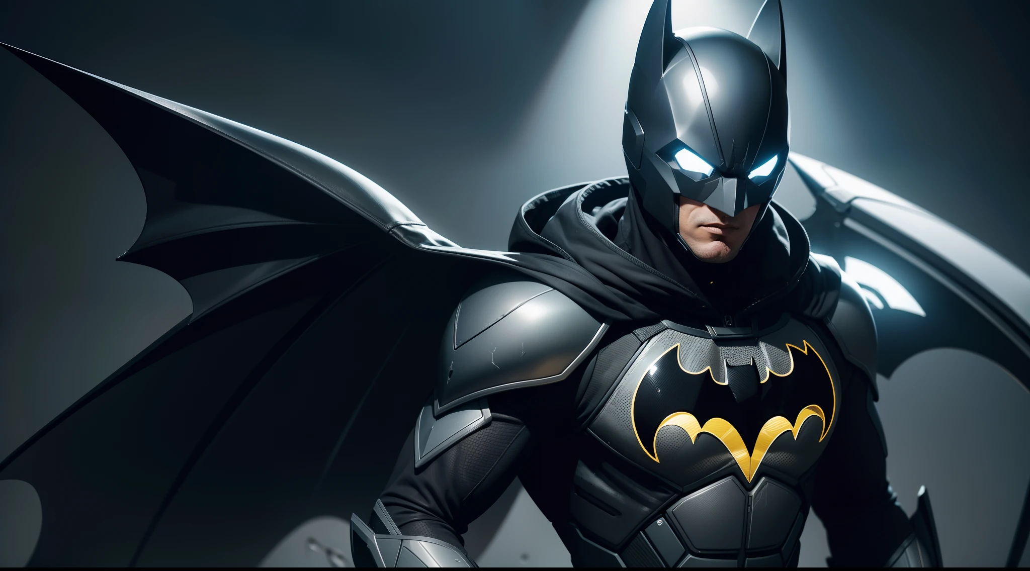 Batman wearing a cyber suit that has metallic parts and glowing wires. The suit is black and gray, with a yellow bat logo on the chest. The suit has a helmet that covers Batman’s face, except for his eyes and mouth. The helmet has a visor that displays information and a microphone that allows him to communicate. The suit also has a cape that can turn into wings for gliding, CGI with clear focus, Photorealistic, high detail, Realistic, Masterpiece, absurdress, Best Quality, HDR, hiquality, hight resolution, Extremely detailed, 8k wallpaper, intricate details, 8K UHD, Full-HD, (foto realista:1.2), Contrast, sharp lighting, Cinematic lighting, natural lighting, hard light, Backlighting, Global Illumination, Environment Occlusion
