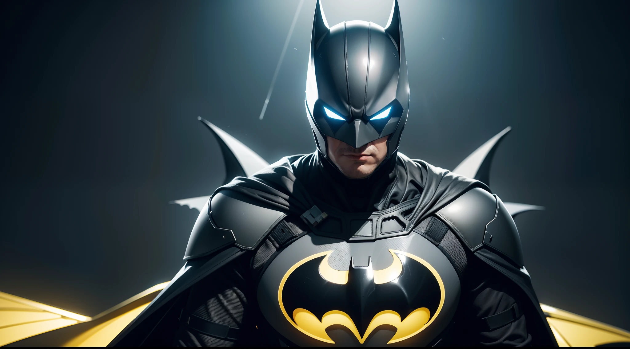 Batman wearing a cyber suit that has metallic parts and glowing wires. The suit is black and gray, with a yellow bat logo on the chest. The suit has a helmet that covers Batman’s face, except for his eyes and mouth. The helmet has a visor that displays information and a microphone that allows him to communicate. The suit also has a cape that can turn into wings for gliding, CGI with clear focus, Photorealistic, high detail, Realistic, Masterpiece, absurdress, Best Quality, HDR, hiquality, hight resolution, Extremely detailed, 8k wallpaper, intricate details, 8K UHD, Full-HD, (foto realista:1.2), Contrast, sharp lighting, Cinematic lighting, natural lighting, hard light, Backlighting, Global Illumination, Environment Occlusion