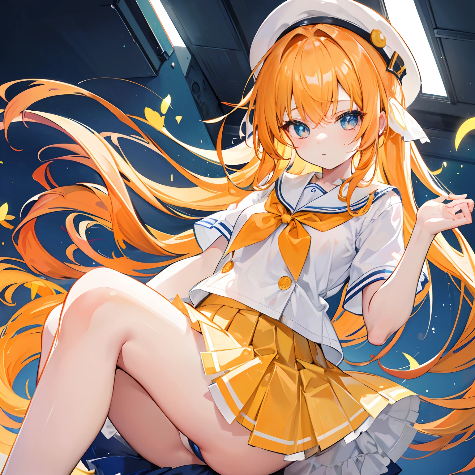 Glowing light yellow-orange hair and pupils,Blue and white school uniforms,Sweet girl,The whole is shining
