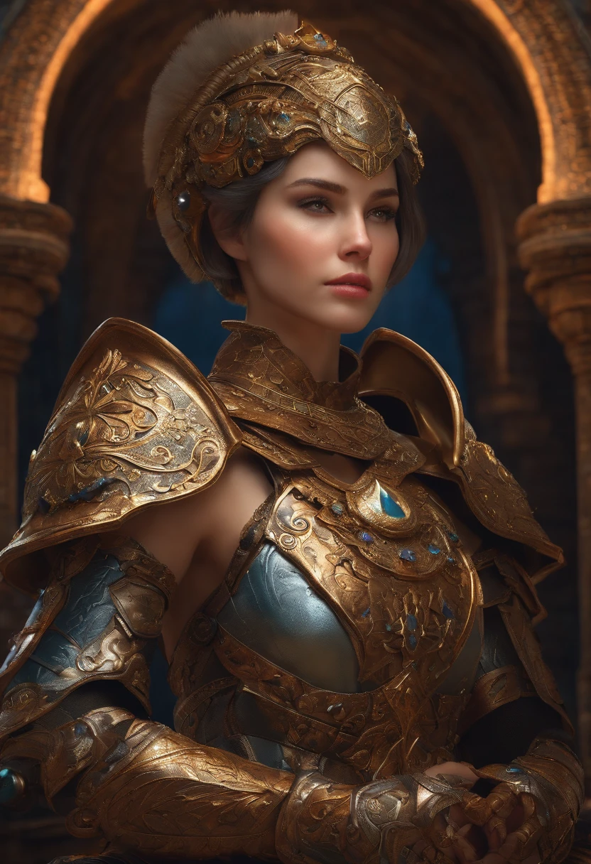 a detailed warrior girl with giant armor full of details and ornaments,beautiful girl with very short hair