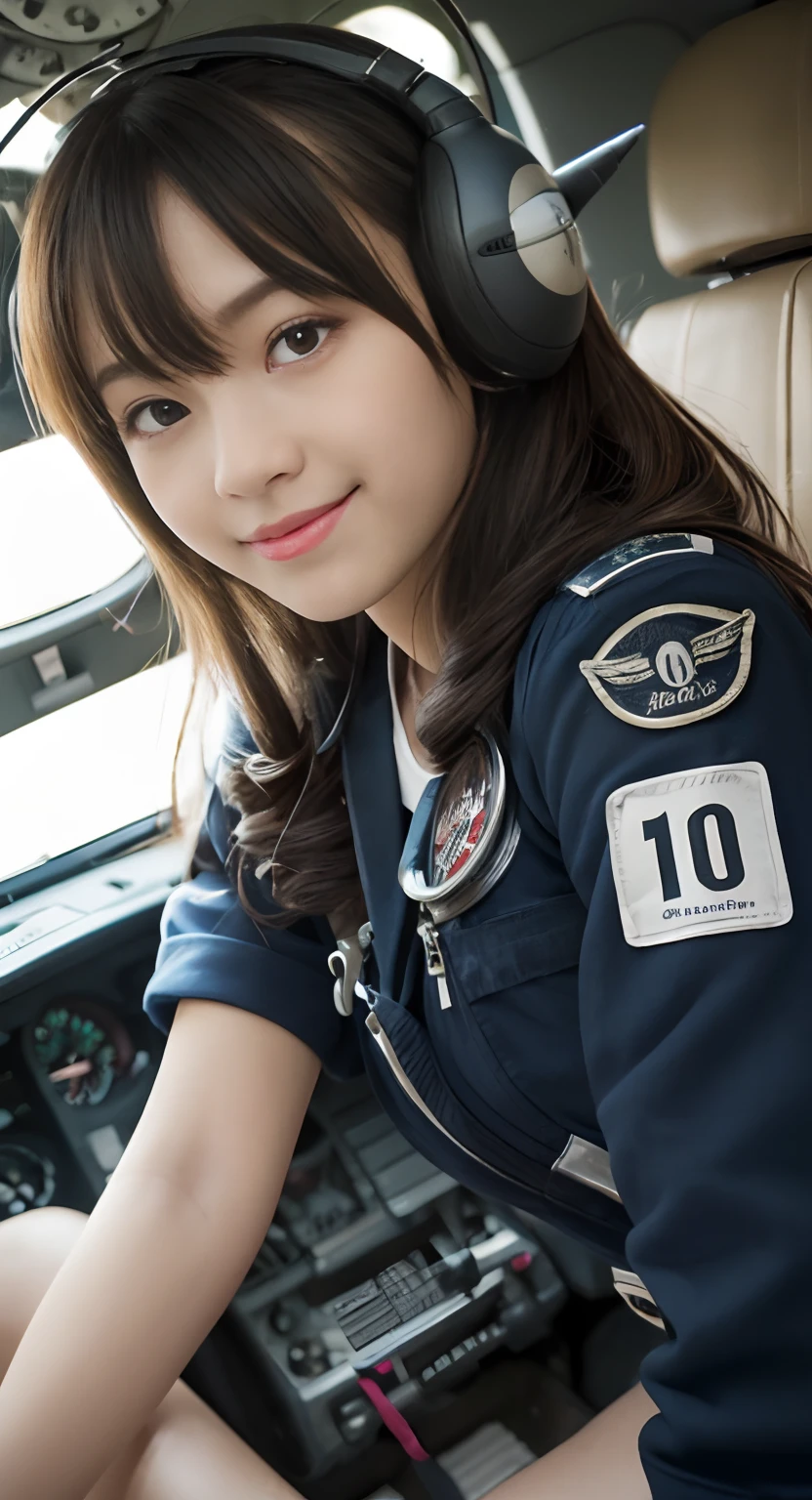 (top-quality、masterpiece:1.2)、Best Quality、realisitic、photoshot、hight resolution、1080p、8K、Textured skin、Physical Rendering、1 Japan Girls、High 、kawaii、Young Face、Rolled hair、(pilot:1.5)、Fighters、saluting、full of shyness、smil、Big
