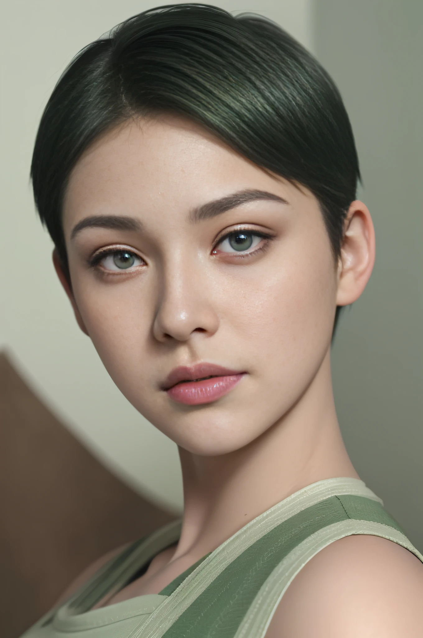 ((best quality)), ((masterpiece)), ((realistic)),((sharp eyes), short faded hair woman in studio, green eyes, ((ultra realistic)), boy cut hairstyle, ((front facing)), wearing crop top, (((nosering)))