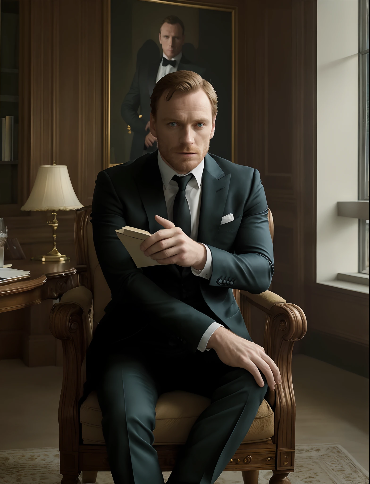 Homem de terno sentado em uma cadeira lendo um livro, Michael Fassbender, em seu terno, majestosa obra-prima, Erwin Olavo, alta resolução, Fevereiro), QG, Sean Harris, Sean Harris Mago, Daniel Craig, em um terno preto, homem no terno preto, QG ", imagem realista verdadeira, serious business, Ainda foto de James Bond, vestido com um terno