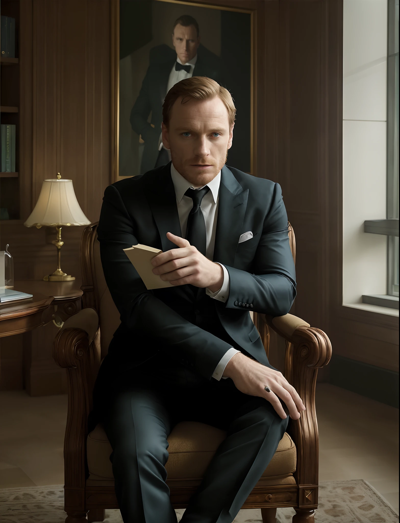 Homem de terno sentado em uma cadeira lendo um livro, Michael Fassbender, em seu terno, majestosa obra-prima, Erwin Olavo, alta resolução, Fevereiro), QG, Sean Harris, Sean Harris Mago, Daniel Craig, em um terno preto, homem no terno preto, QG ", imagem realista verdadeira, serious business, Ainda foto de James Bond, vestido com um terno