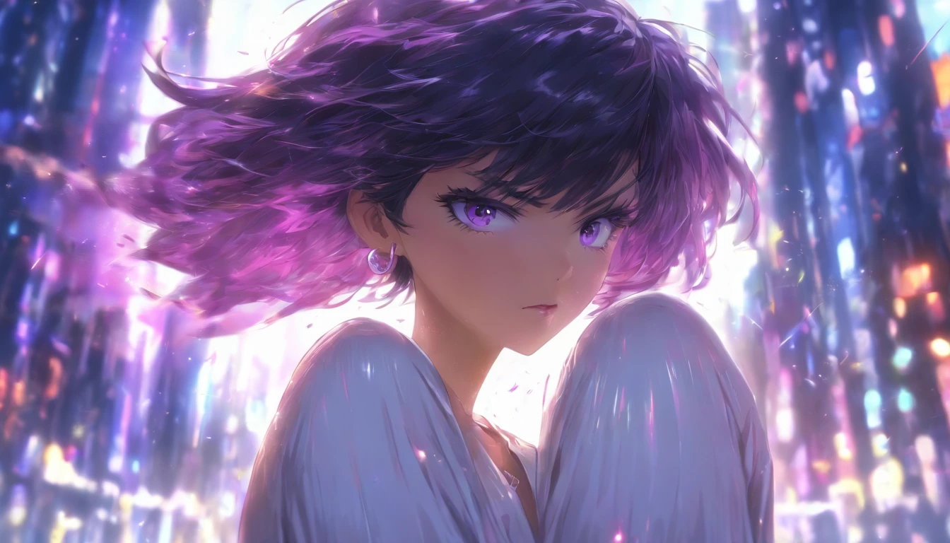 izumi_nase, short hair, black hair, purple eyes, jewelry, neckalce, blurry, ass, 1girl, depth_of_field, solo, blurry_background, looking_at_viewer, looking_back, blurry_foreground, pants, breasts, earrings, jacket, shirt, belt, from_behind, white_shirt, holding, blush, building, outdoors, bangs, thighs, motion_blur, sweat, parted_lips
