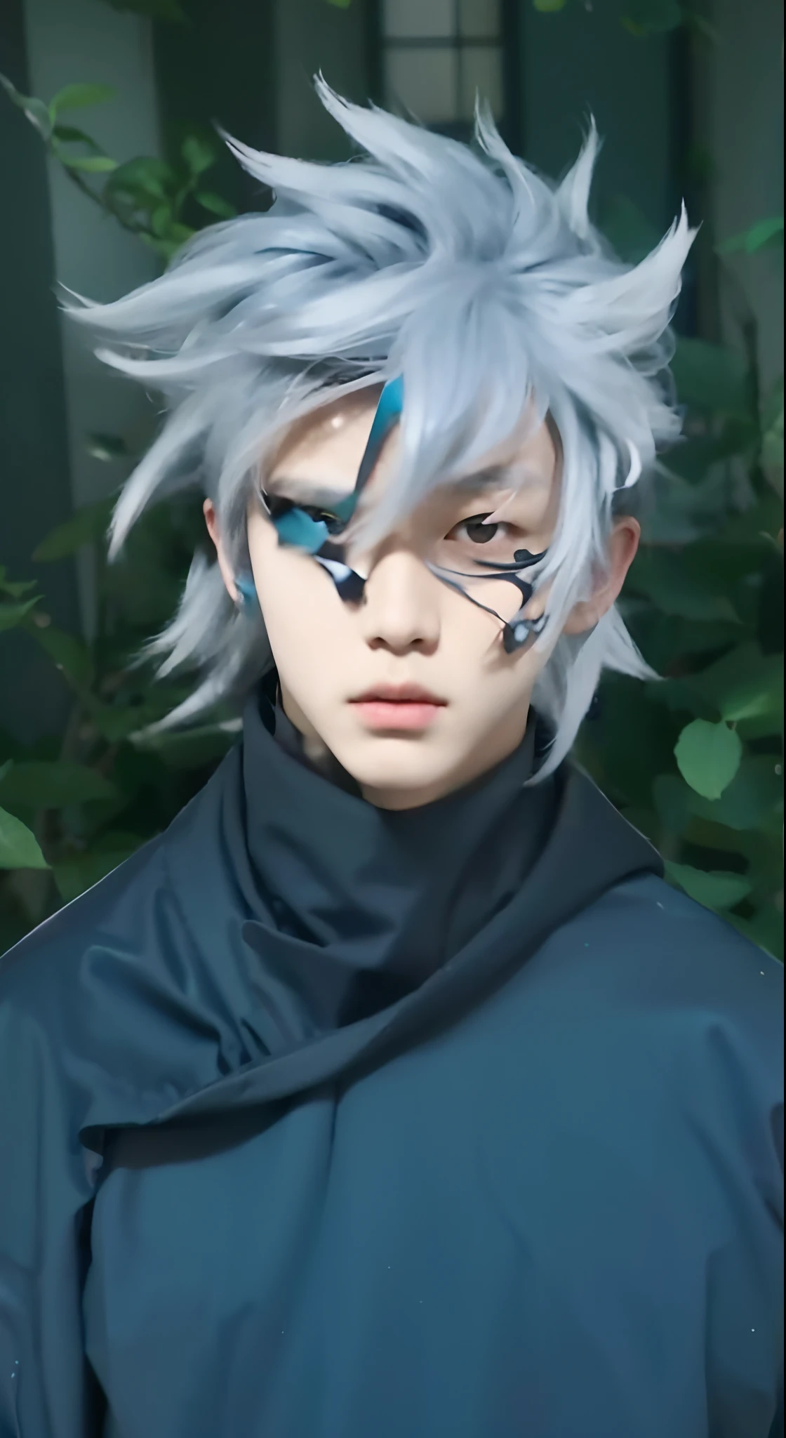 Real life adaption of this character, korean teen handsome face,detailed face, yellow eyes, looking to viewer,realistic blue long Messy hair, realistic outfit, realistic background, hyper realistic, realistic light, realistic shadow, realism,(photorealistic:1.2),cool expression