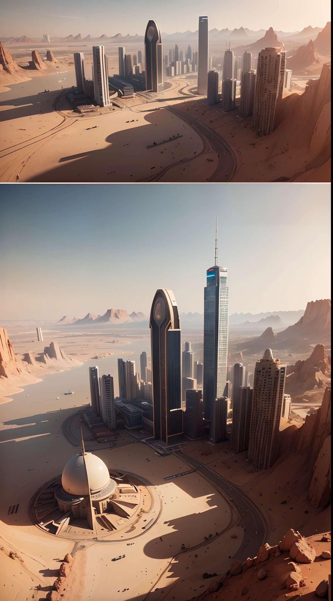 (high-level image quality、high-detail、8k)、(Future cities in 2045、Photograph of a cityscape built on Mars taken from the sky with a drone)