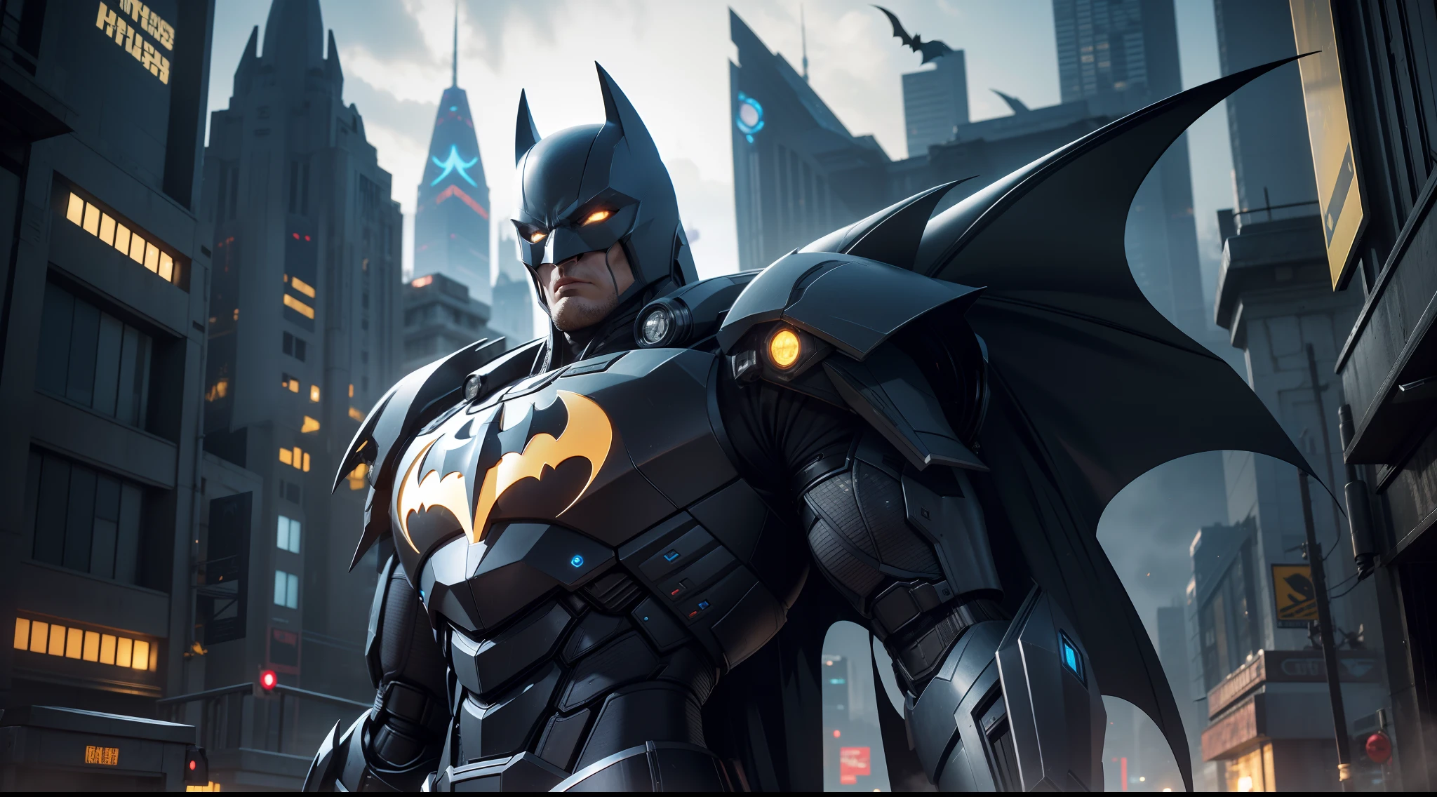 Batman transformed into a Cybertronian, a robotic alien race from the planet Cybertron. He has a metallic body that can change into a bat-shaped vehicle. His body is black and gray, with yellow accents and a bat logo on his chest. He has a mask that covers his face, with glowing blue eyes and a mouthpiece. He has a blaster on his arm and a sword on his back. He is loyal to the Autobots, the good Cybertronians who fight against the evil Decepticons., CGI with clear focus, Photorealistic, high detail, Realistic, Masterpiece, absurdress, Best Quality, HDR, hiquality, hight resolution, Extremely detailed, 8k wallpaper, intricate details, 8K UHD, Full-HD, (foto realista:1.2), Contrast, sharp lighting, Cinematic lighting, natural lighting, hard light, Backlighting, Global Illumination, Environment Occlusion
