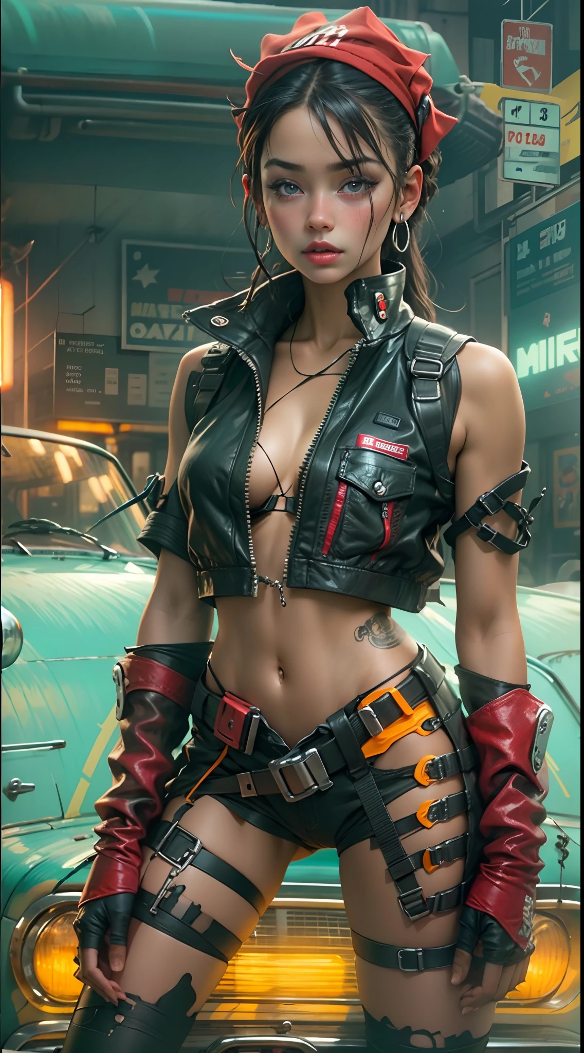 motor irreal:1.4,CG ultra realista 64K, fotorrealista:1.4, textura de la piel:1.4, obra maestra:1.4,posing behind Beautiful woman holding shotgun with babydoll lingerie、Ropa corta estilo cyberpunk color amarillo, pantimedias red , Mini falda azul,