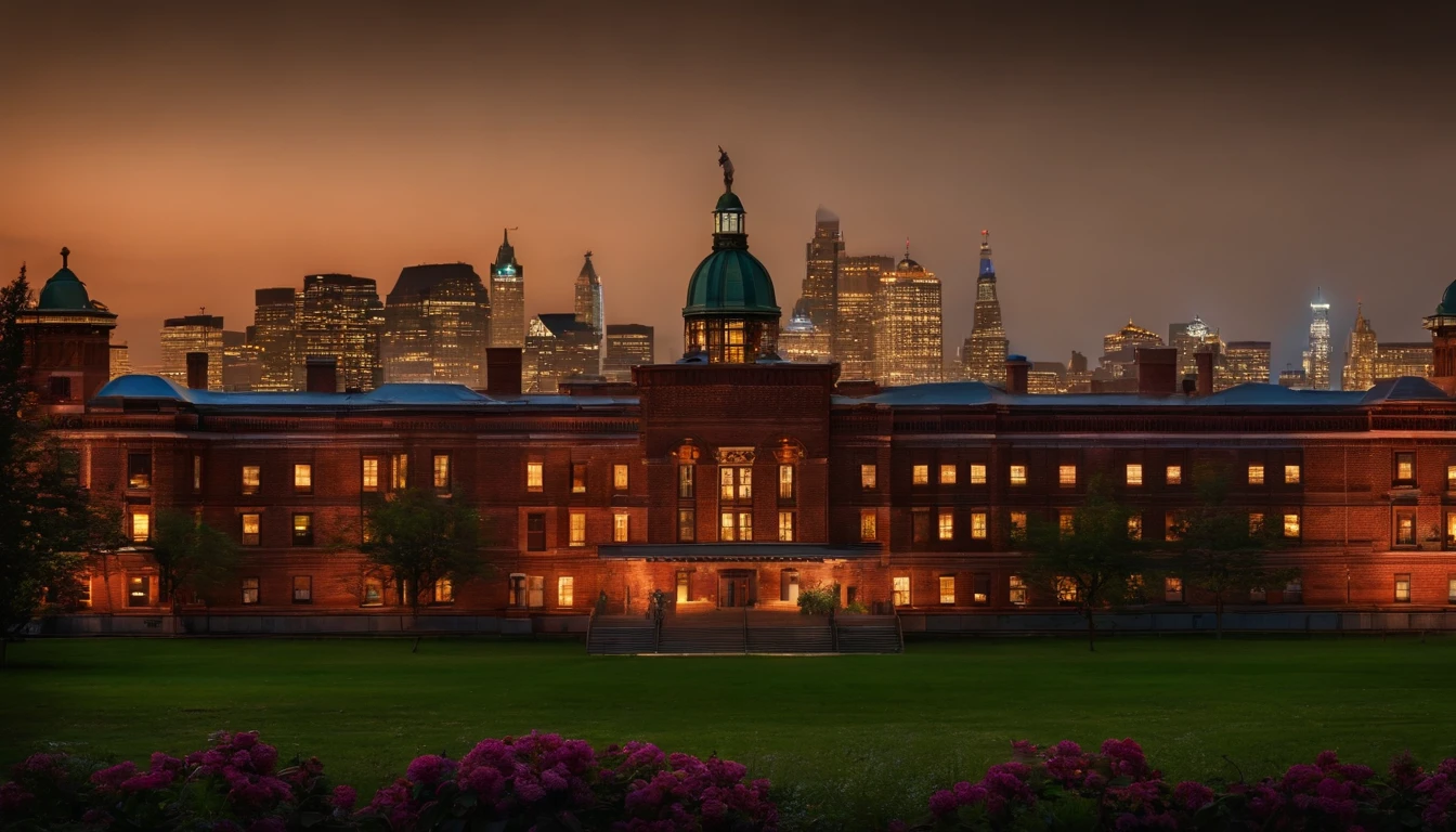 ellis island after dark, skyline in background