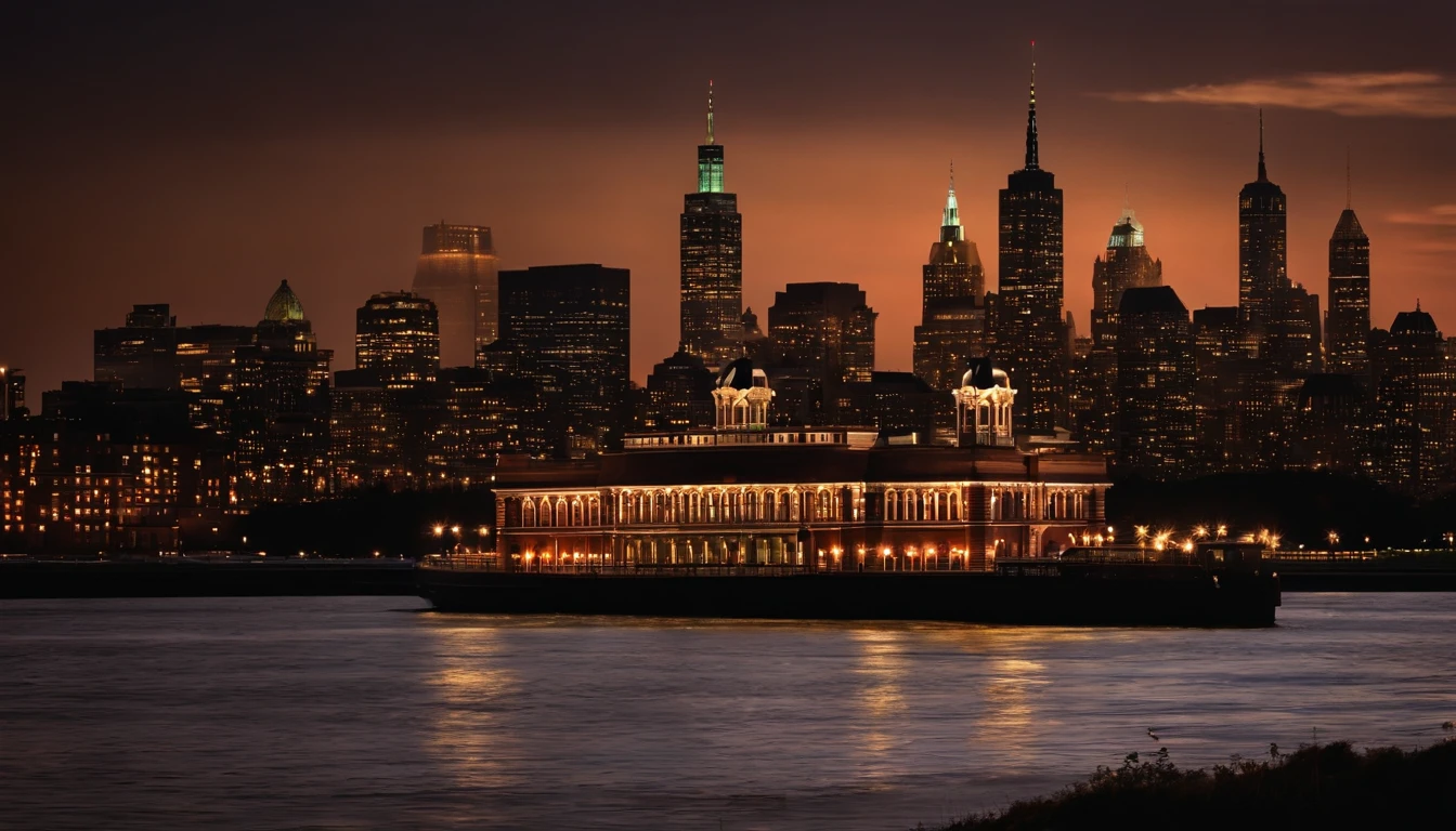 ellis island after dark, skyline in background