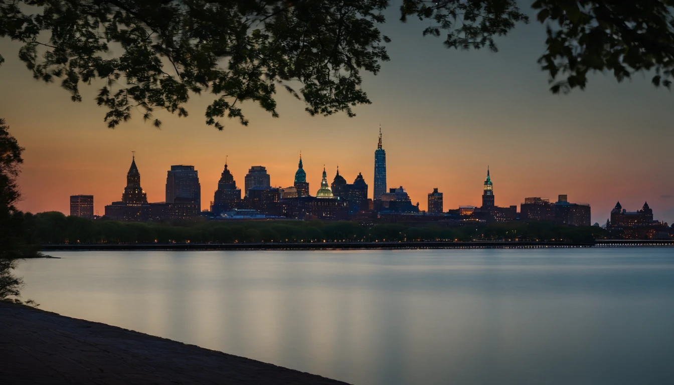 ellis island after dark, skyline in background
