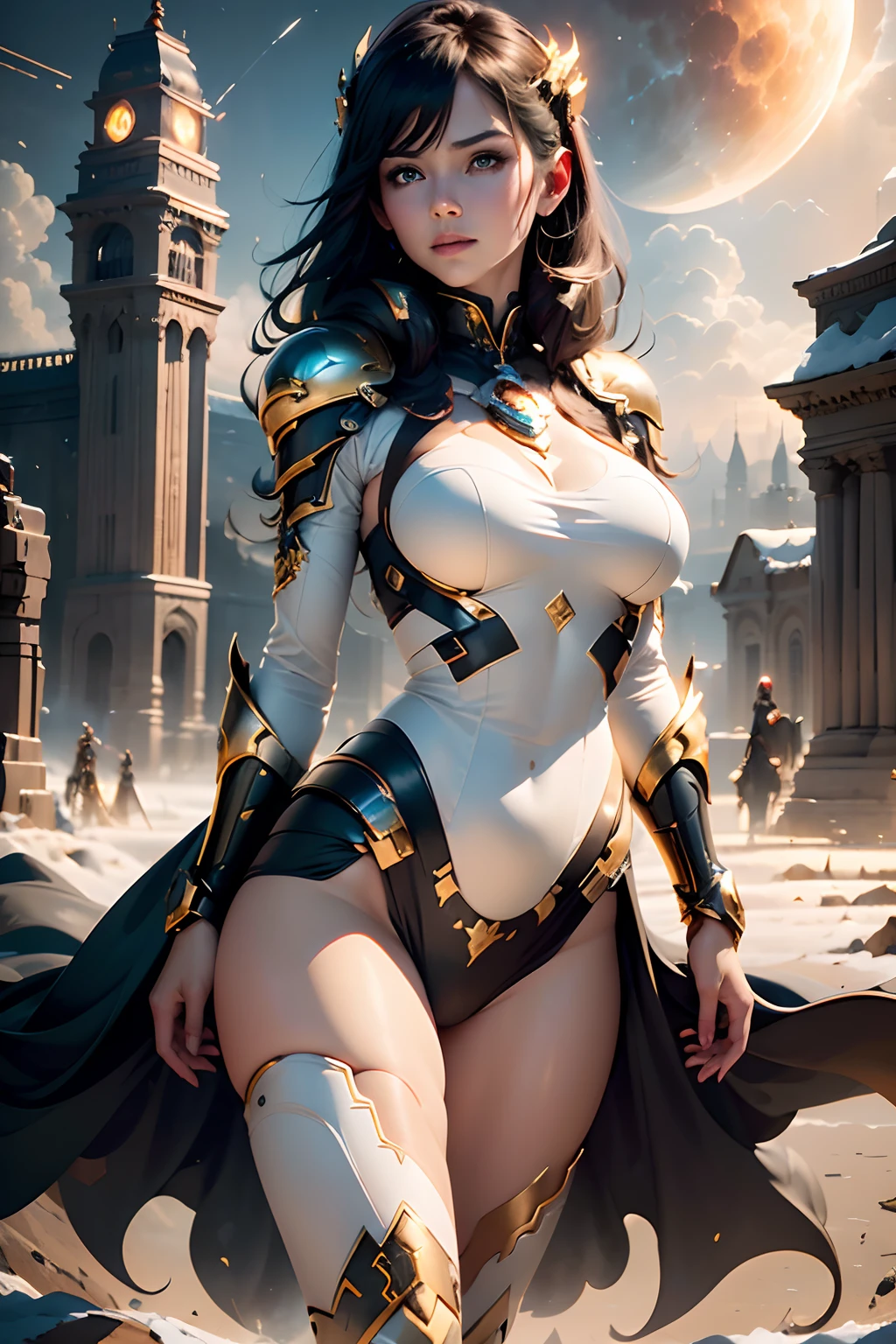 realistic visual effects，attractive beautiful，dramatic contrast，Gentle lighting，Delicate warmth，the soft light，hyper HD，Extremely colorful，best qualityer，Snow-whiteskin，8K high quality，Sexy goddess，A pair of big eyes are beautiful and moving，White skin，Makeup，Sexy outfit，Armed with futuristic modern weapons，gold；jewely；Blue Electric，【Background with】Large gears，Large gears，Doomsday ruins，Giant tornado，Strange sky，Lightning Thunder，The setting sun burns the dark clouds，Multiple planets，The end of the world，Multiple planets，Mards，Jupiter，Mercury，Strange sky，Giant Tornado ultra-futuristic car，Cool headlights。