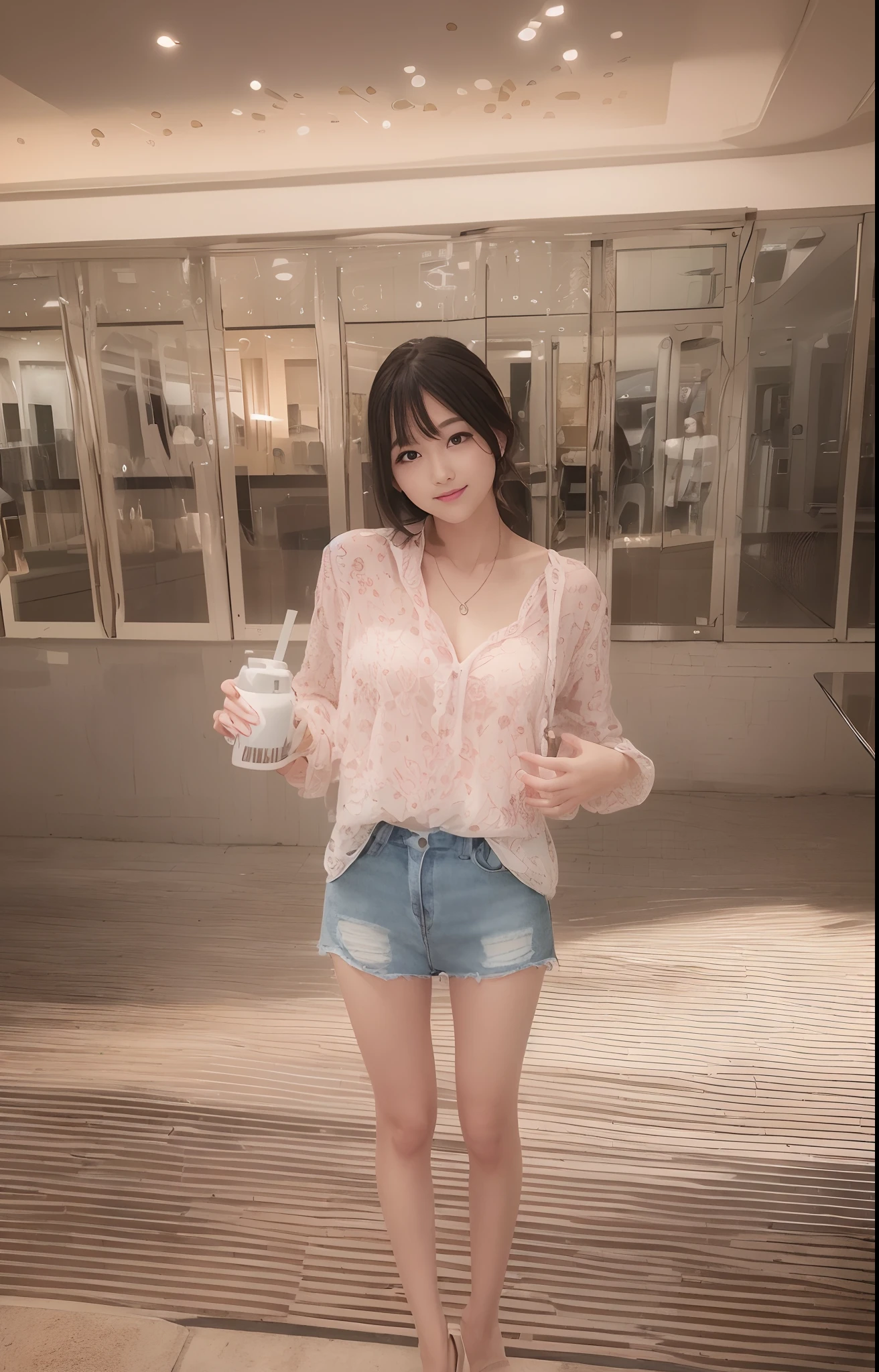 (hyper HD,RAW photogr,tmasterpiece,Detailed details,Extensive illumination,naturalshadow)Cute beautiful girl,Naughty style photography,Wear a cute pink and white printed chiffon shirt,ssee-through(no-bra),Dewy snow-white chest,Beautiful and delicate collarbone,Wear extra-short jeans,Clear ,Bare thighs,Detailed clothing details:1.5,White legs and small feet,Beautiful legs apart,Slim and small,Beautiful mischievous expression,Small face,Beautiful appearance,Delicate hair,Smile,There are dimples,There are eye bags,Teethless,fully body photo