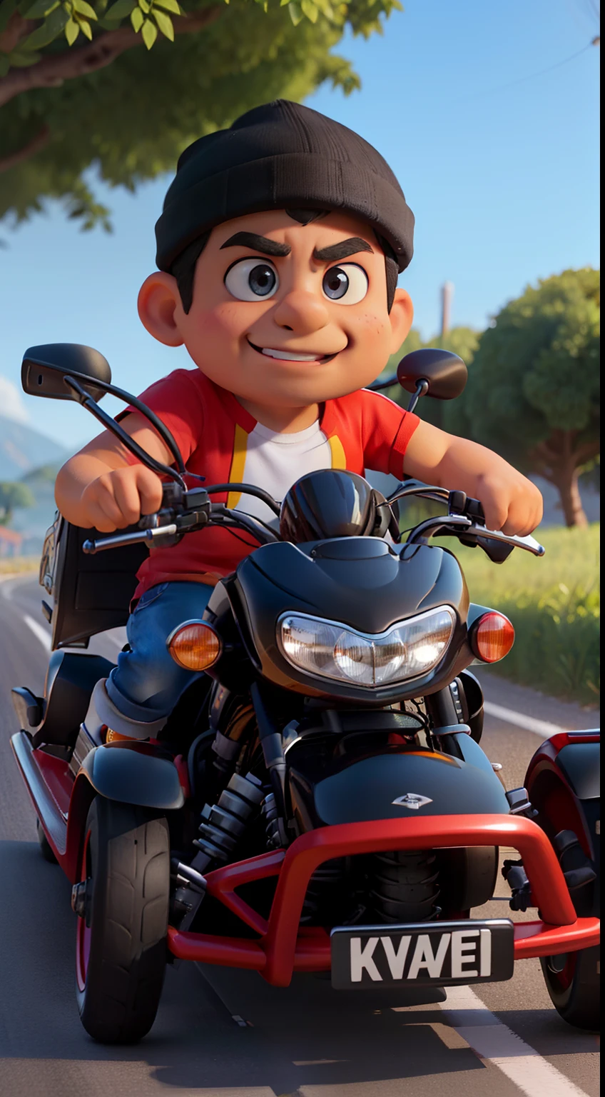 1fat chico moreno cabello negro corto, y ojos claros con ropa deportiva azteca tipo de carreas arriba de un automovil estilo cartoon color negro con toques rojos y de fondo en una autopista estilo cartoon muy similar a CTR de crash team racing, con un toque muy disney, autos de carreras, arriba de un auto, fondo en un bosque con carretera, auto color negro con dorado, auto negro, black car