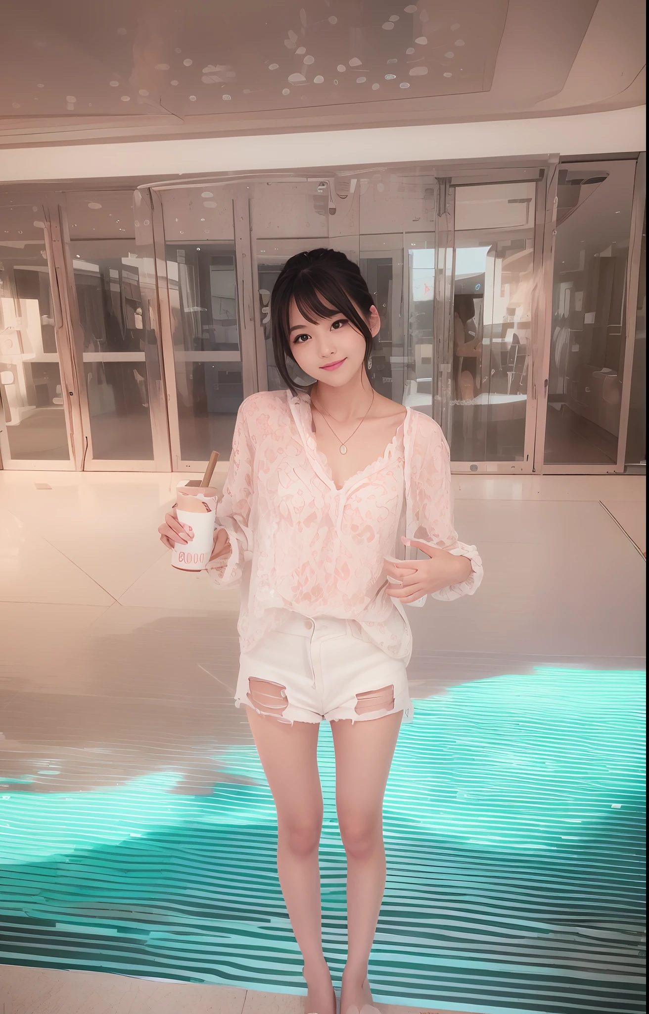 (hyper HD,RAW photogr,tmasterpiece,Detailed details,Extensive illumination,naturalshadow)Cute beautiful girl,Naughty style photography,Wear a cute pink and white printed chiffon shirt,ssee-through(no-bra),Dewy snow-white chest,Beautiful and delicate collarbone,Wear extra-short jeans,Clear ,Bare thighs,Detailed clothing details:1.5,White legs and small feet,Beautiful legs apart,Slim and small,Beautiful mischievous expression,Small face,Beautiful appearance,Smile,There are dimples,There are eye bags,Teethless,fully body photo