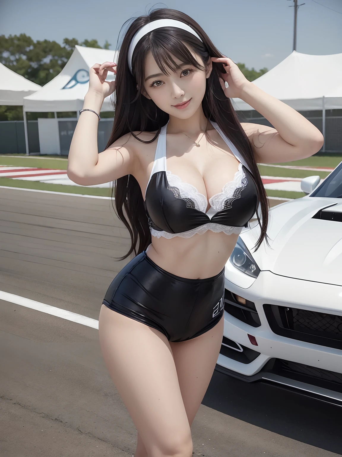 (4 k、top-quality)、(realisitic、Photorealsitic)、(Yakian)、
1girl in、独奏、fullllbody、(face to the viewer)、
perfect hand、up looking_で_the viewer、
whiteshirt、
Daytime、Suzuka Circuit、finerly detailed face、Slightly chubby、The best smile、You can see the double teeth、white hairband、Light brown long curled hair,,(super gigantic breast, cleavage:1.2),(Black Enamel Lace Queen、I'm wearing enamel shorts:1.3), (Cameltoe),、Nogizaka Idol、actress、Korean Idol、hposing Gravure Idol,place one's arms behind one's back,raise both arm,(Aside)、I wear long black enamel boots、