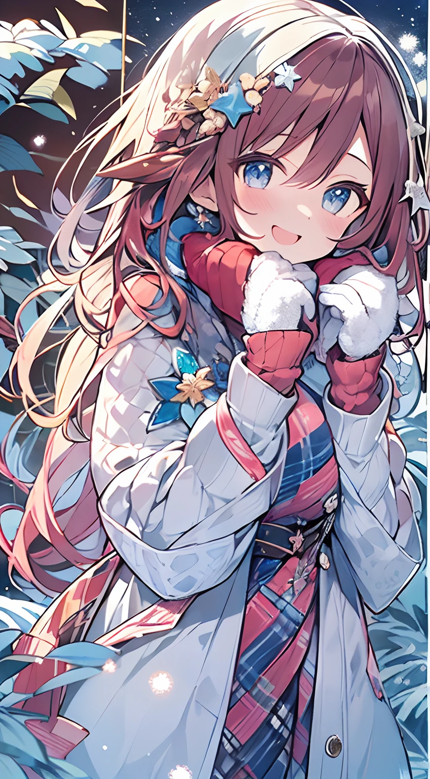 masutepiece, Best Quality,Illustration, Wallpaper, ultra -detail, Absurd beauty, 1beautiful girl、Bright hair color、Glitter and big eyes、Hair fluttering in the wind、ample breasts、♡、Smaller head、Winter scene、miscievous smile、bustup