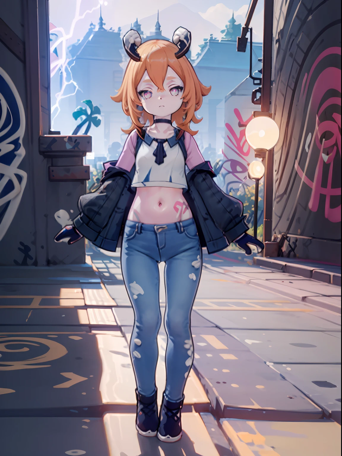 Melousine | genshin impact, master-piece, bestquality, 1girls,25 years old, proportional body, elongated legs, proportional., crop top, Long Jeans, mediuml breasts, ,bara, crop top, choker, (Graffiti:1.5), Splash with purple lightning pattern., arm behind back, against wall, View viewers from the front., Thigh strap, Head tilt, bored,