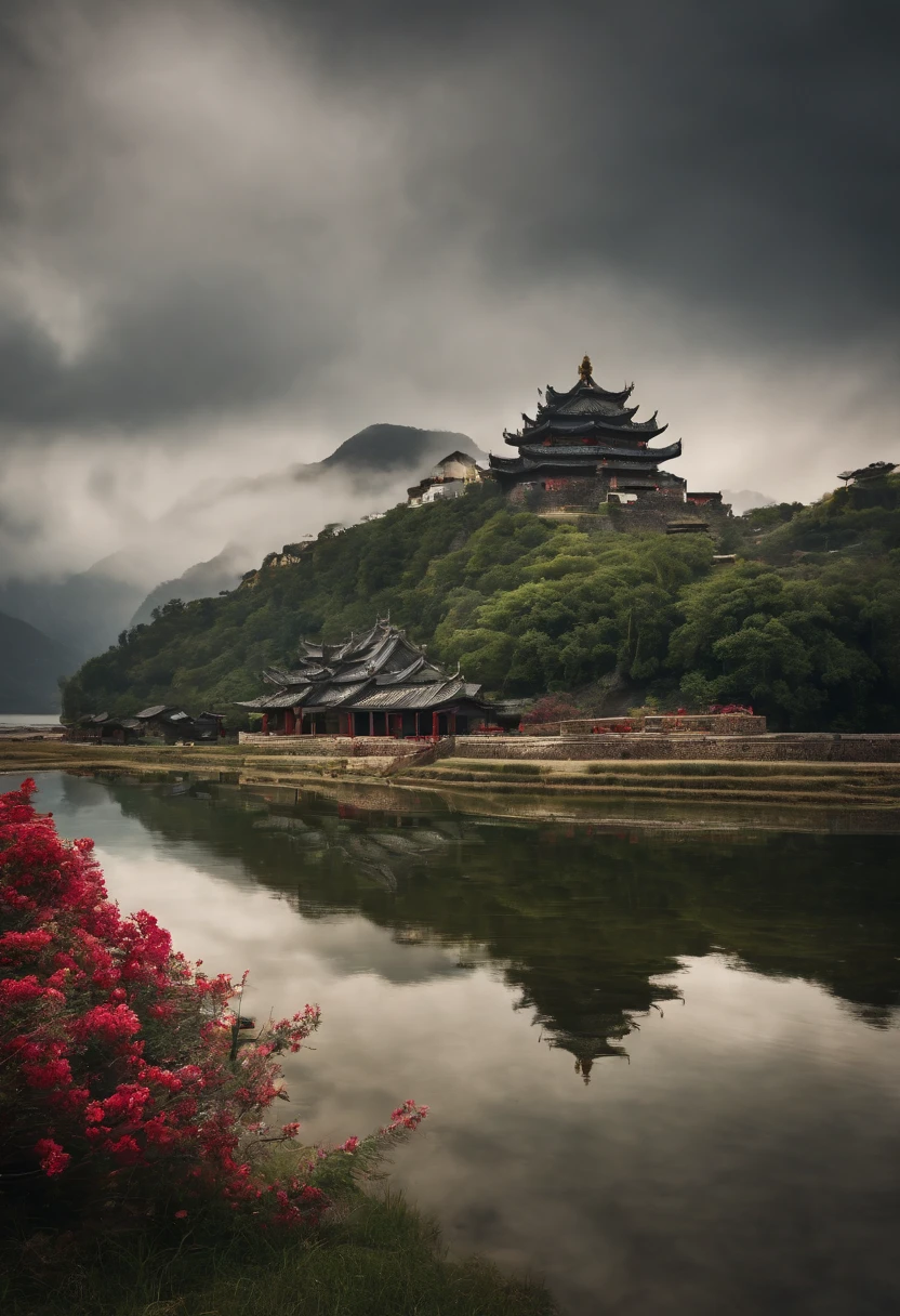 ancient wind,Meticulous,mountain water,Clouds,Chao yang,Flowers,China-style,ancient buildings,