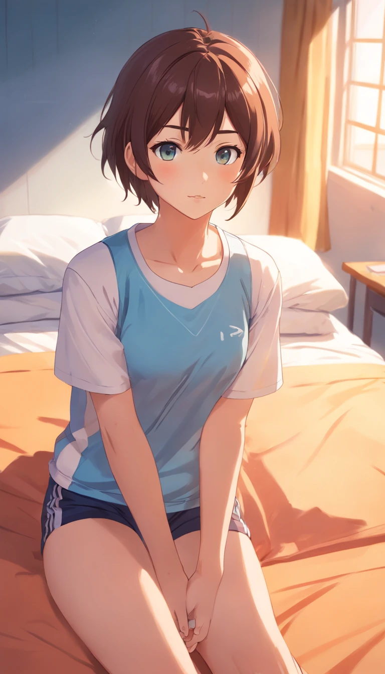 I'm a girl in high school gym clothes。Play sports。a pixie cut、cum overflow,Sweat,Female masturbation, on the beds,Spread legs