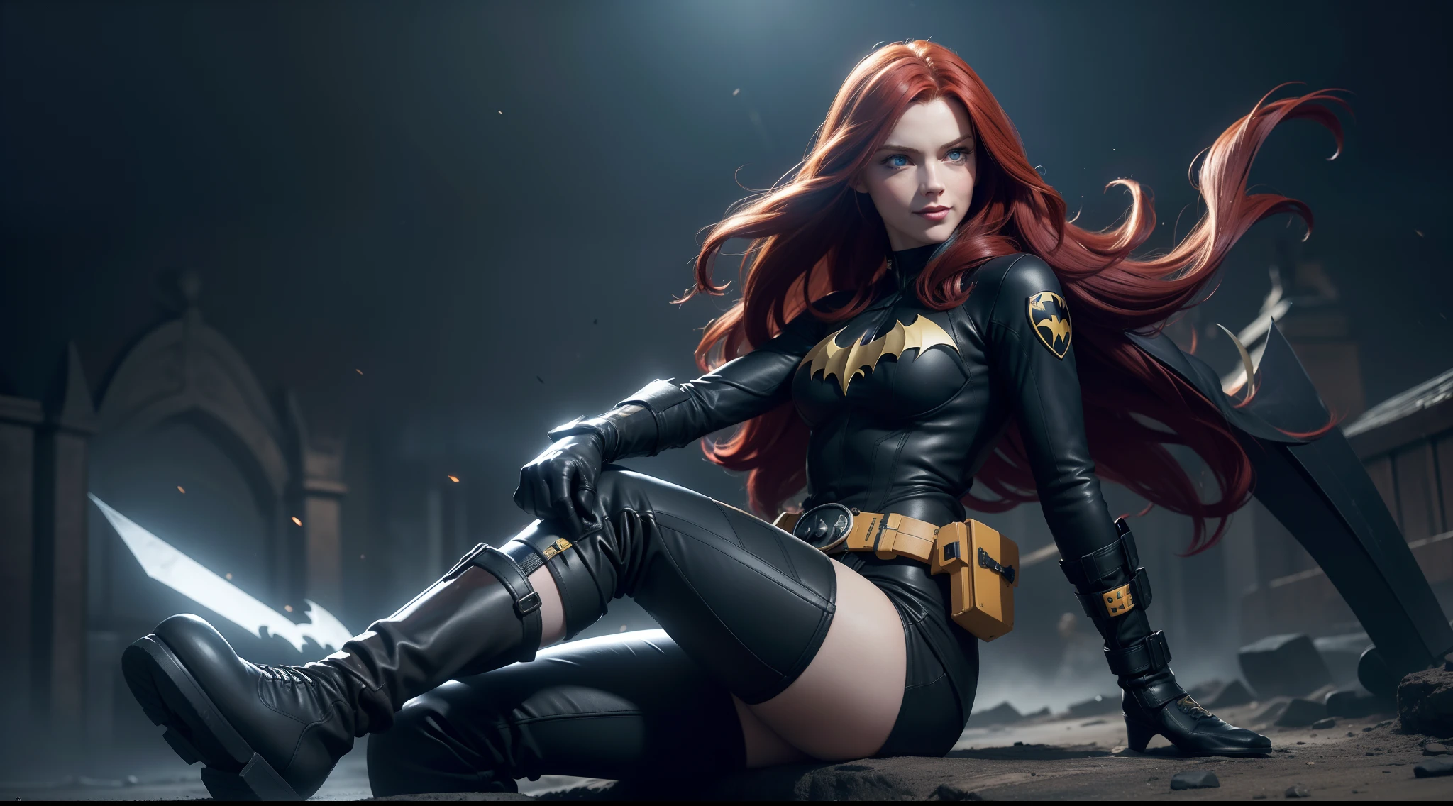 girl with long red hair and blue eyes, wearing a black and yellow bikini with a bat symbol on the chest. She has a utility belt around her waist and a pair of black gloves and boots. She is posing confidently with a smile and a batarang in her hand. She is Batgirl., CGI with clear focus, Photorealistic, high detail, Realistic, Masterpiece, absurdress, Best Quality, HDR, hiquality, hight resolution, Extremely detailed, 8k wallpaper, intricate details, 8K UHD, Full-HD, (foto realista:1.2), Contrast, sharp lighting, Cinematic lighting, natural lighting, hard light, Backlighting, Global Illumination, Environment Occlusion