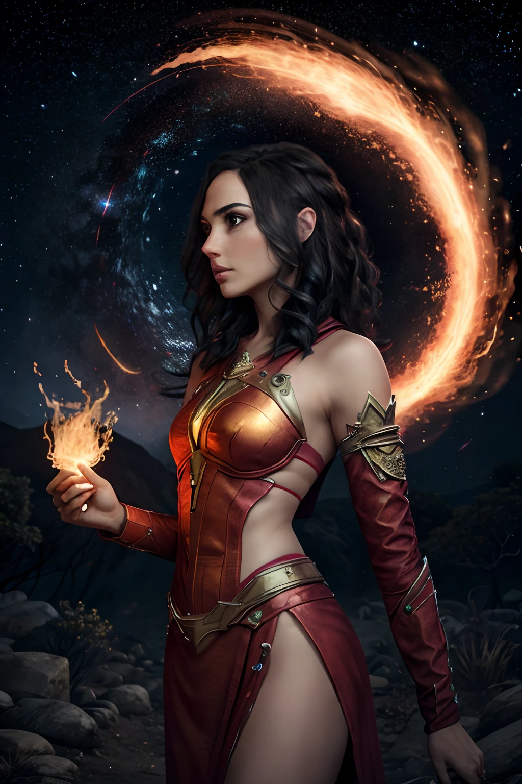 (master piece:1.8), (best quality:1.8), (exquisite lighting and shadow, highly dramatic picture, cinematic lens effect) 8k, wallpaper, dynamic pose, one knee in the air, looking at the viewer, Full Body female long dark gray hair in the air dark fantasy warrior lady wearing an intricate elaborate futuristic thin fire red full body swim suit no sleeves, with a big shiny gold crown with red gems, holding two fire orbs in the hands, thin waist, notorious hips, super sexy girl, frown look in the eyes, fire explosion behind, fire background, ethereal lightning, sharp focus