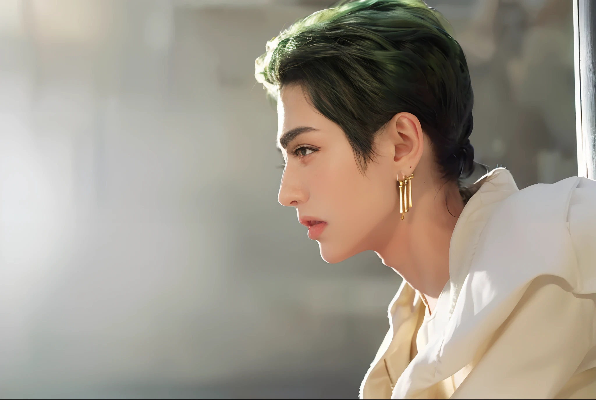 (RAW photo, best quality), (realistic, photo-realistic: 1.3), best quality, highly detailed, masterpiece, highly detailed, illustration, 1 boy, upper body, dynamic angle, world masterpiece theater, green hair to black-on-black, best quality, very detailed Unity 8k CG Wallpaper, ink, Amazing, cinematic lighting, lens_flare, dunhuang_style, facing side, sharp nose, handsome, thin lips, wearing white Japanese clothes, wearing three earrings in her ears, gold earrings