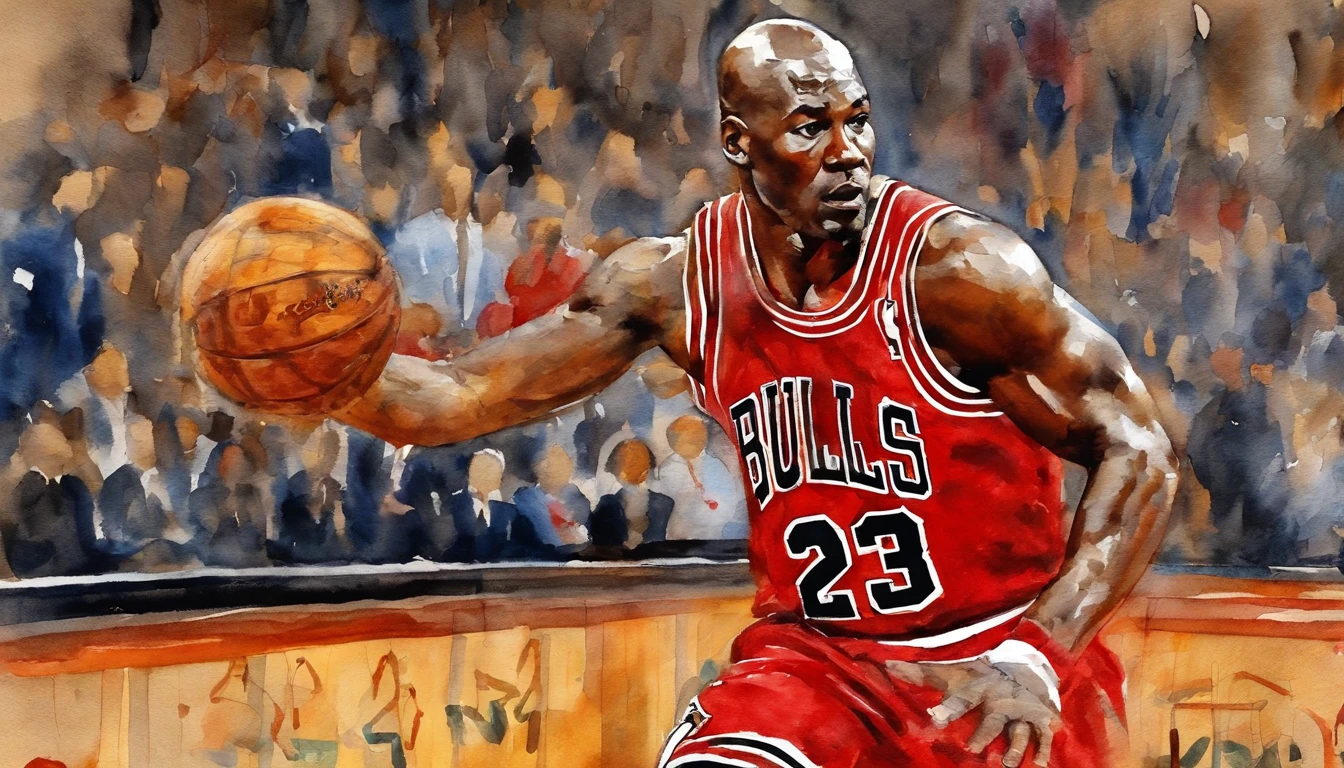 By bebebebebe, by spuydjeks, by buta99, by spikedmauler. muscular Michael Jordan, chicago bulls jersey, number 23, on a basketball court, (Michael Jordan face details)