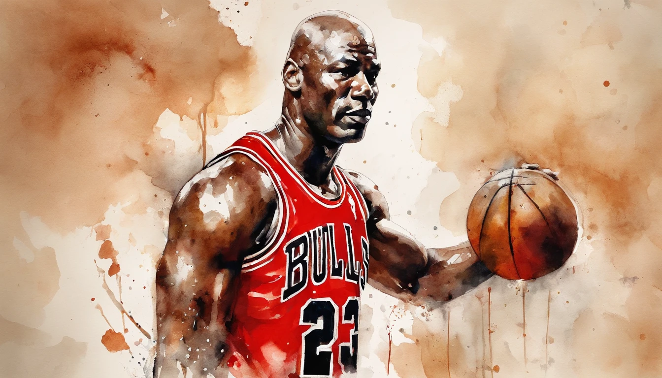 By bebebebebe, by spuydjeks, by buta99, by spikedmauler. muscular Michael Jordan, chicago bulls jersey, number 23, on a basketball court, (Michael Jordan face details)