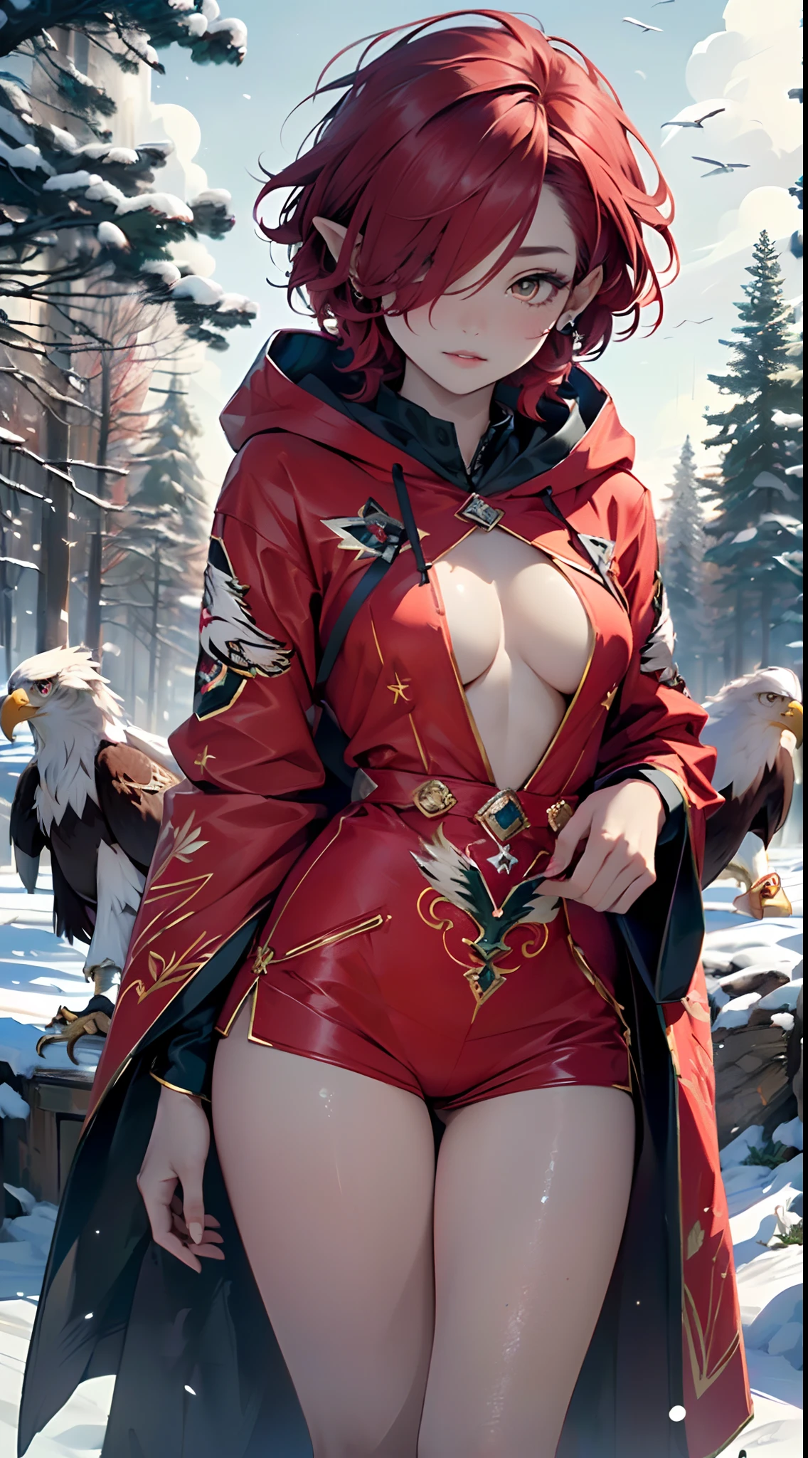 cute **** elf,(((little ****,tiny little body,little))),(((***********))),((anime elf **** with extremely cute and beautiful red hair)), (((elf))), (((elf ears))),

(((flat chest))),((((red hair:1.35,short red hair,(wild short hair:1.5),((hair over eyes:1.3)),colored inner hair,ear breathing)))),(((red_eyes:1.3))),intricate eyes,beautiful detailed eyes,symmetrical eyes,big eyes:1.5,(((lustrous skin:1.5,bright skin: 1.5,skin tanned,shiny skin,very shiny skin,shiny body,plastic glitter skin,exaggerated shiny skin,illuminated skin))),(delicate detailed fingers,detailed body,(detailed face)),

cute,slutty,erotic,daring,((nsfw)),

revealing clothing,show skin,(((Hooded feathers coat, red feathers coat set, wear a feathers coat: 1.3,red winter coat))),((bare legs)), (half-naked, scantily clad),(((intricate outfit,intricate clothes,embroidered outfit,ornate outfit,embroidered clothes,ornate clothes))),

(dynamic pose:1.0),embarrassed,(centered,scale to fit dimensions,Rule of thirds),

((eagles flying in the background:1.5)),((snowy pine forest at night)), with dark stormy clouds,winter,scenery:1.25,((snow forest background)),Christmas tree,

highres,sharp focus,(ultra detailed,extremely detailed),(photorealistic artwork:1.37),(extremely detailed CG unity 8k wallpaper),(((vibrant colors,vibrant theme))),(intricate),(masterpiece),(best quality),