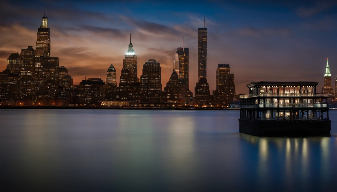 ellis island at midnight, skyline in background